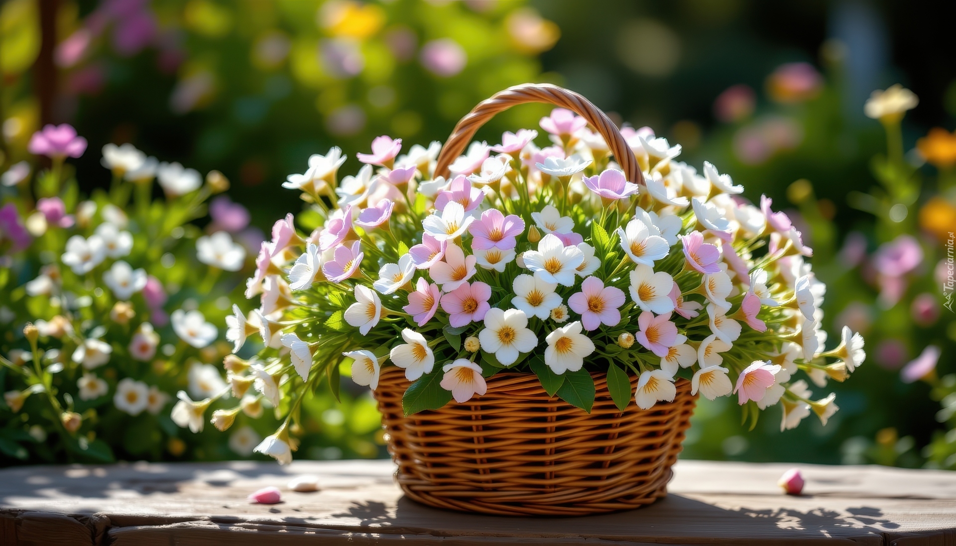 Rozwinięte, Białe, Różowe, Kwiaty, Wiklinowy, Koszyk