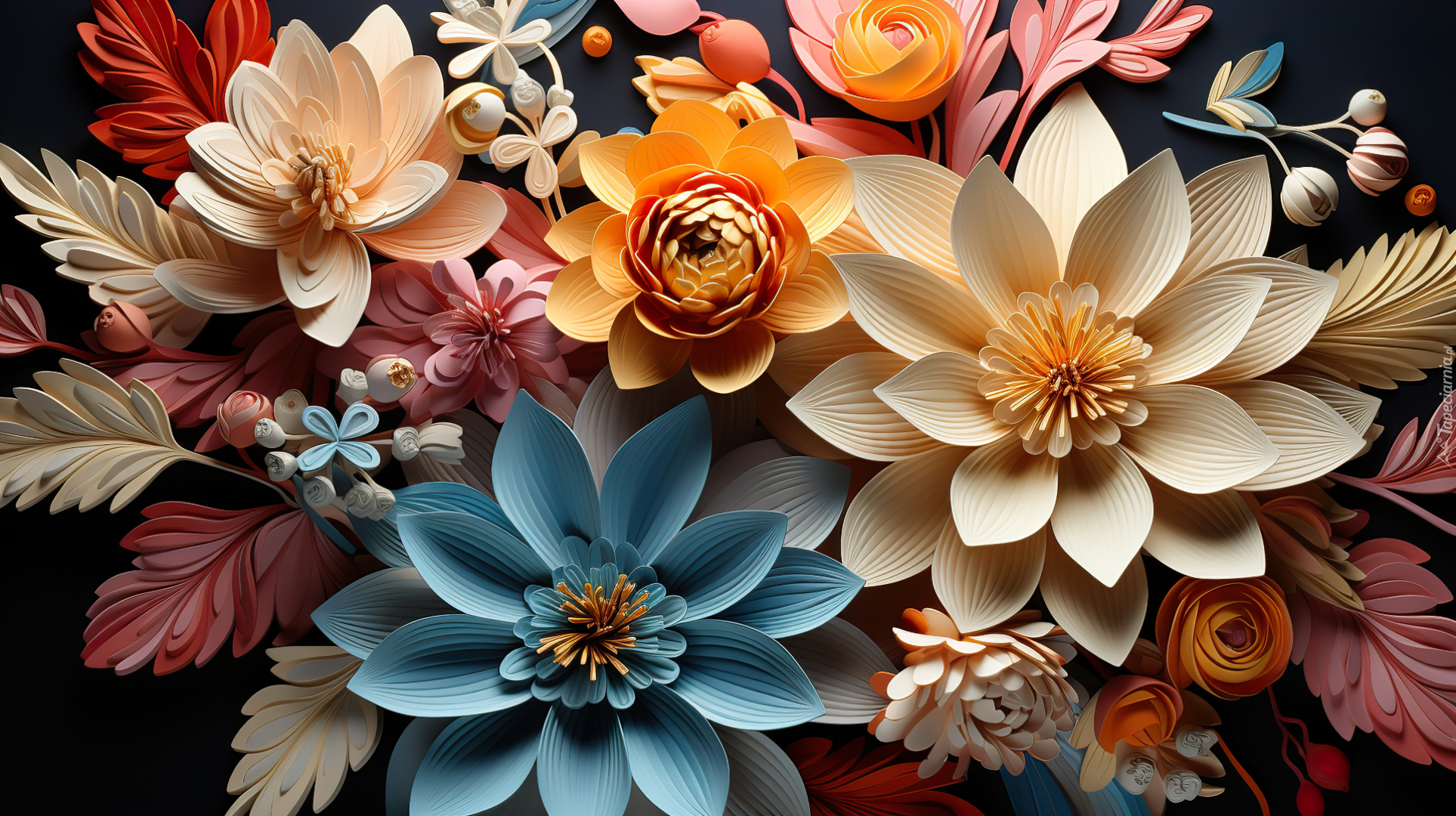 Kwiaty, Kolorowe, Pąki, Liście, Grafika, 2D