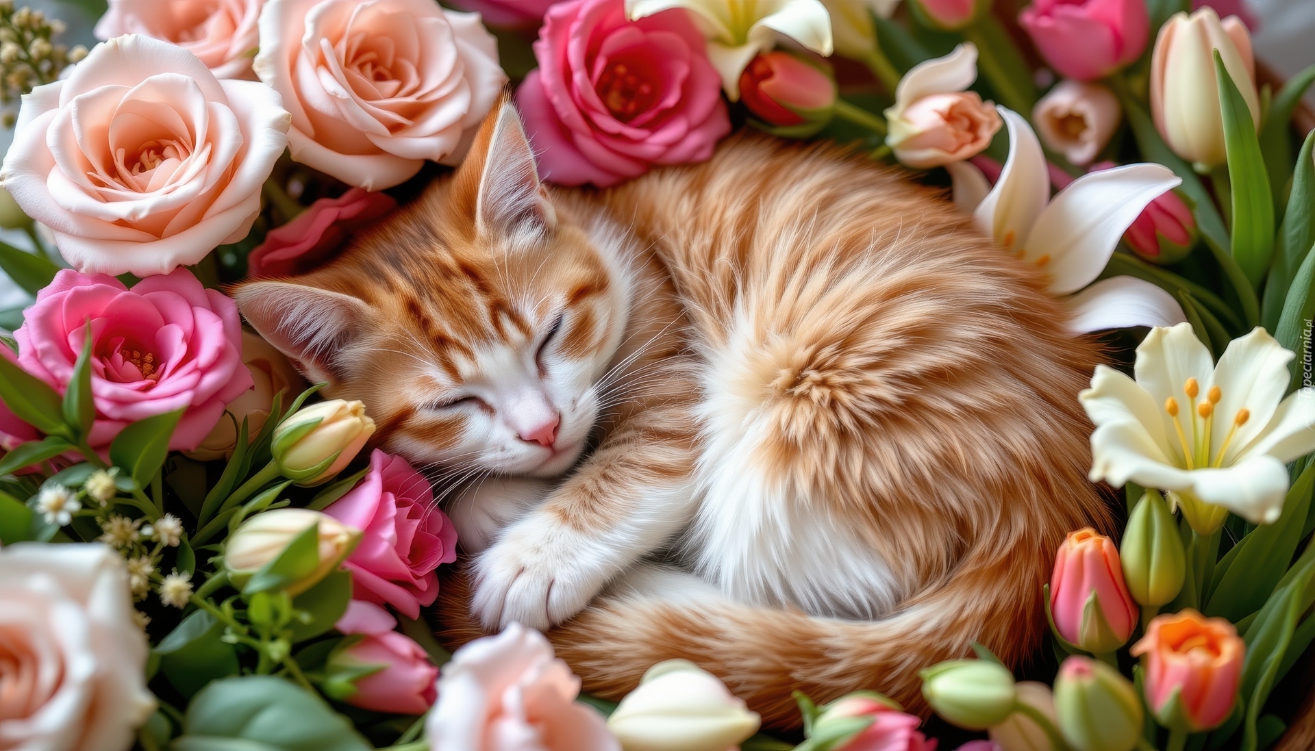 Śpiący, Rudo-biały, Kot, Kwiaty