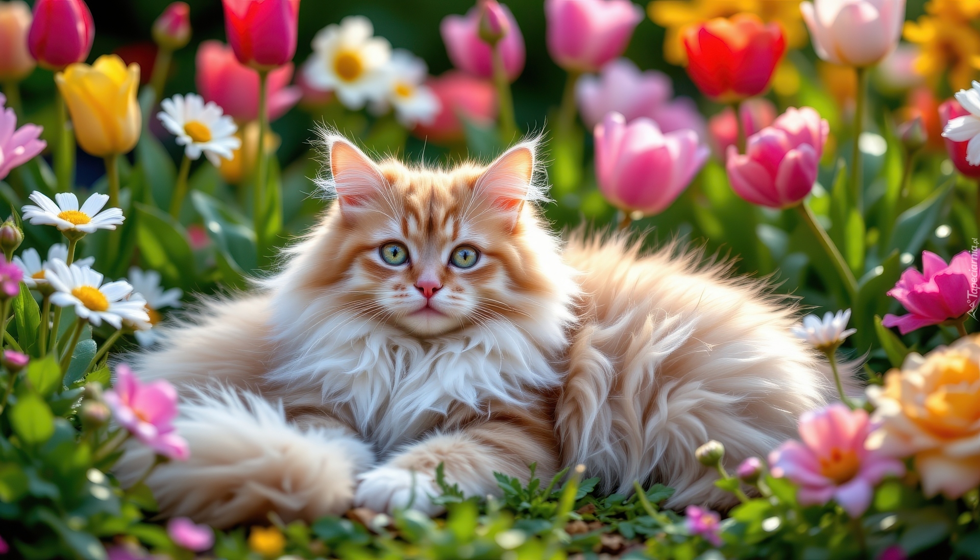 Puszysty, Rudo-biały, Kot, Kwiaty, AI