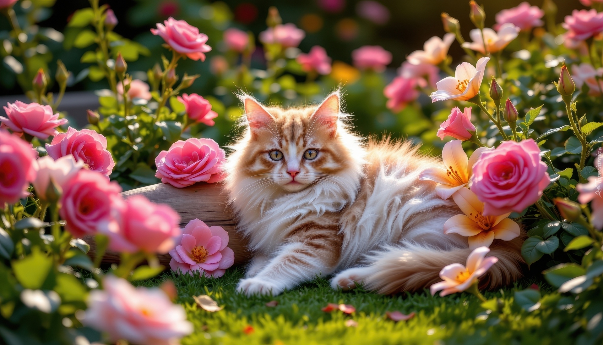 Leżący, Rudo-biały, Puszysty, Kot, Trawa, Kwiaty, Róże, Lilie
