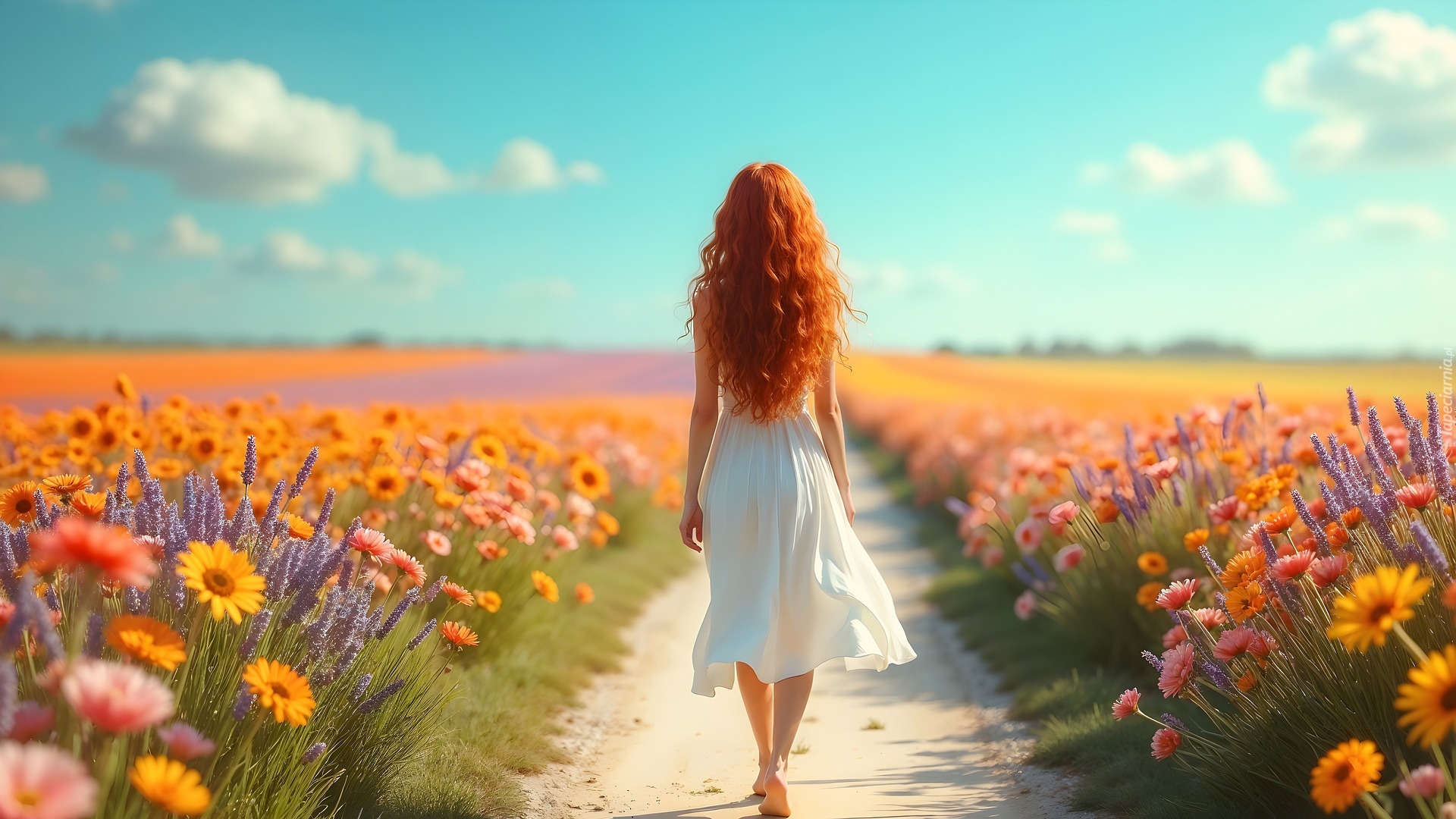 Rudowłosa, Kobieta, Kwiaty, Łąka, Lato