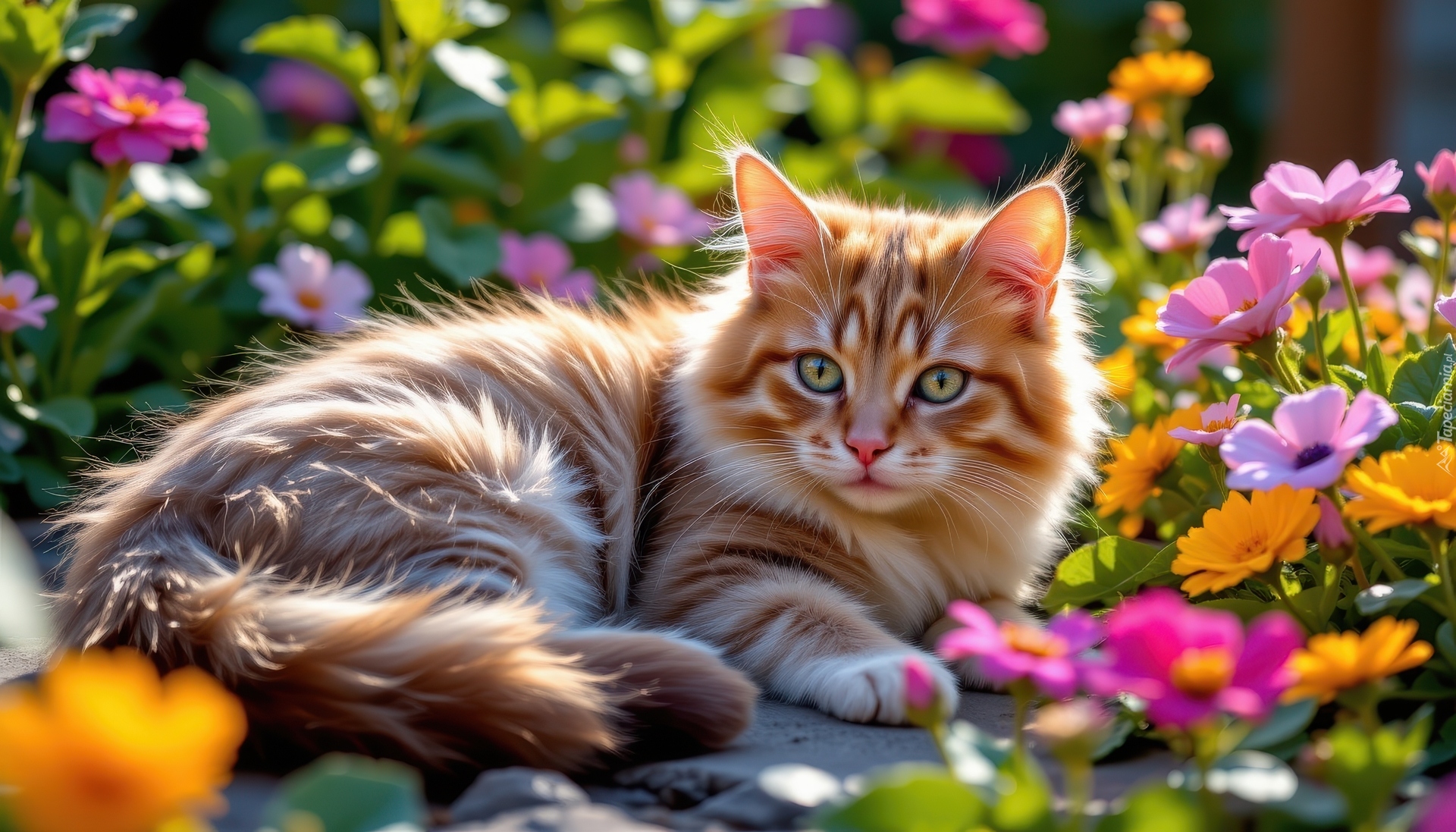 Leżący, Kot, Kolorowe, Kwiaty