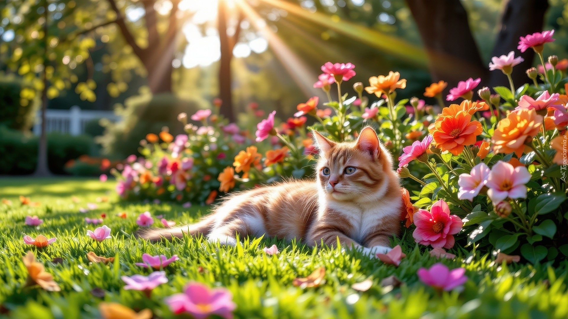Leżący, Kot, Ogród, Kolorowe, Kwiaty, Trawa, Promienie słońca