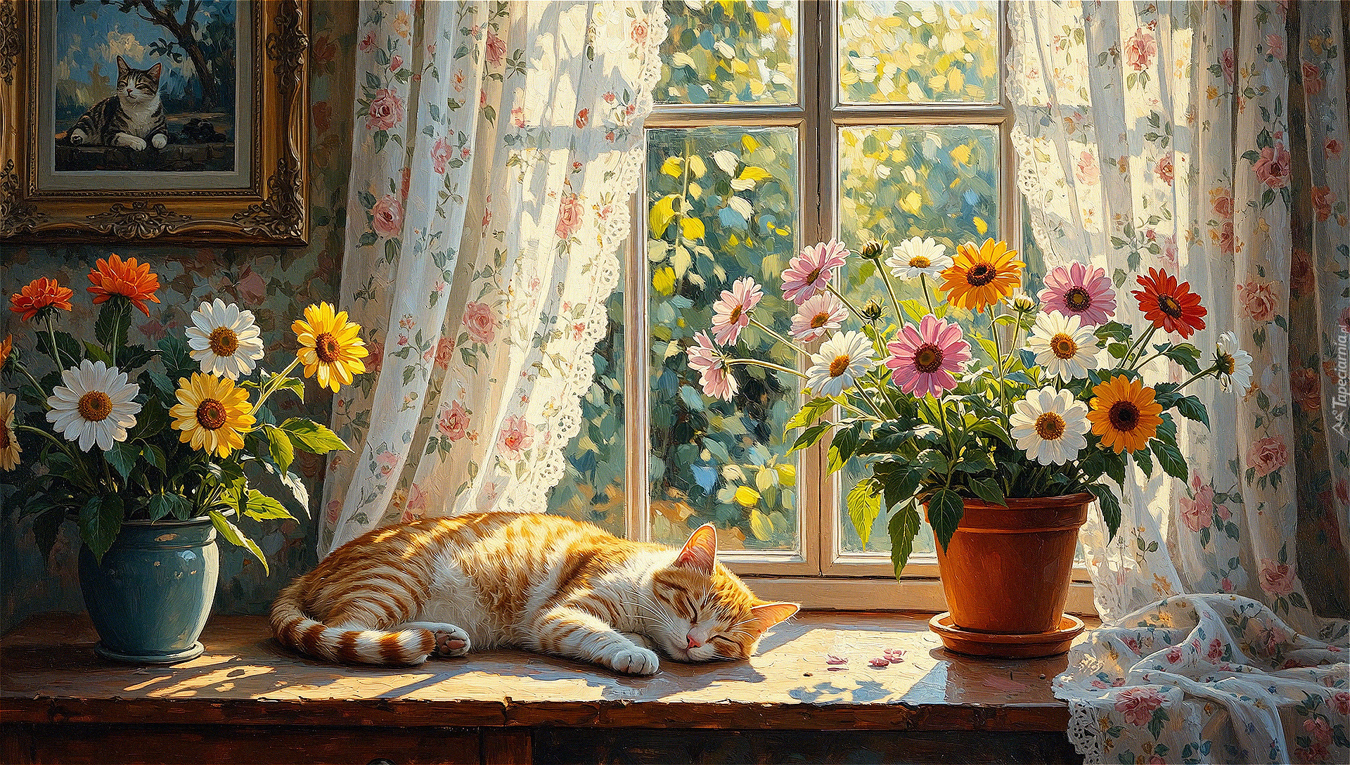 Rudy, Śpiący, Kot, Parapet, Okno, Kwiaty, Doniczka, Wazon