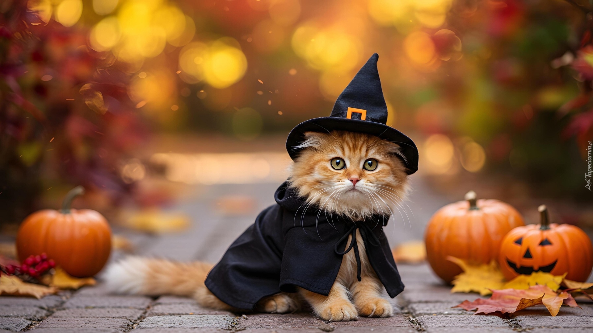 Kot, Kapelusz, Dynie, Halloween, Grafika AI