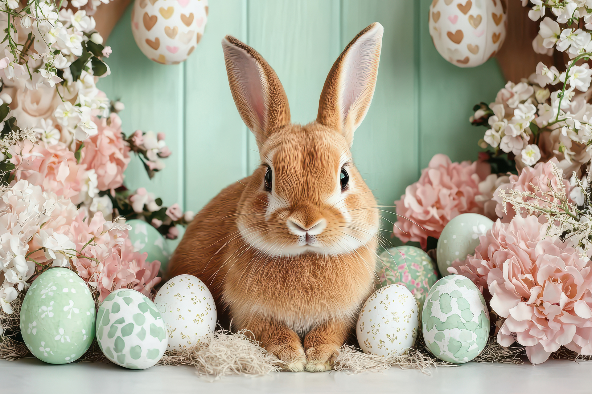 Wielkanoc, Rudy, Królik, Pisanki, Kwiaty