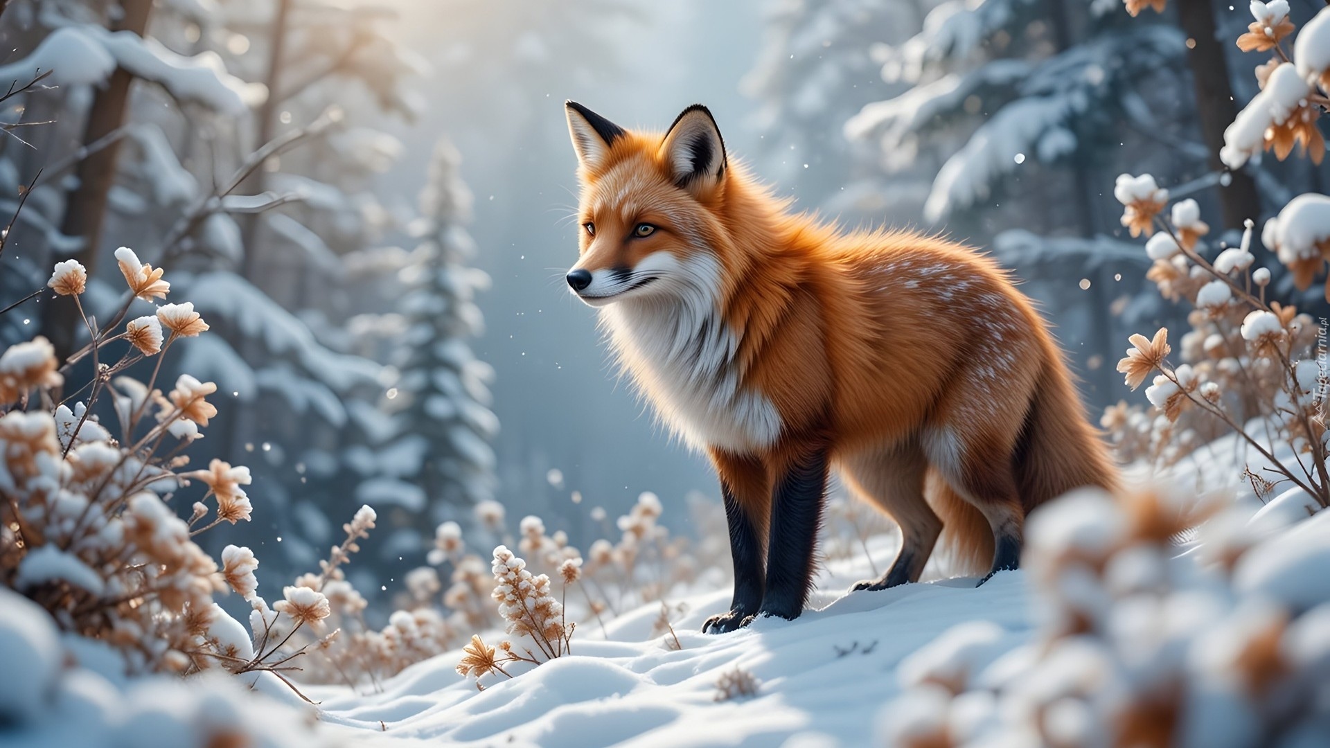 Rudy, Lis, Zima, Śnieg, Ośnieżone, Drzewa, Rośliny