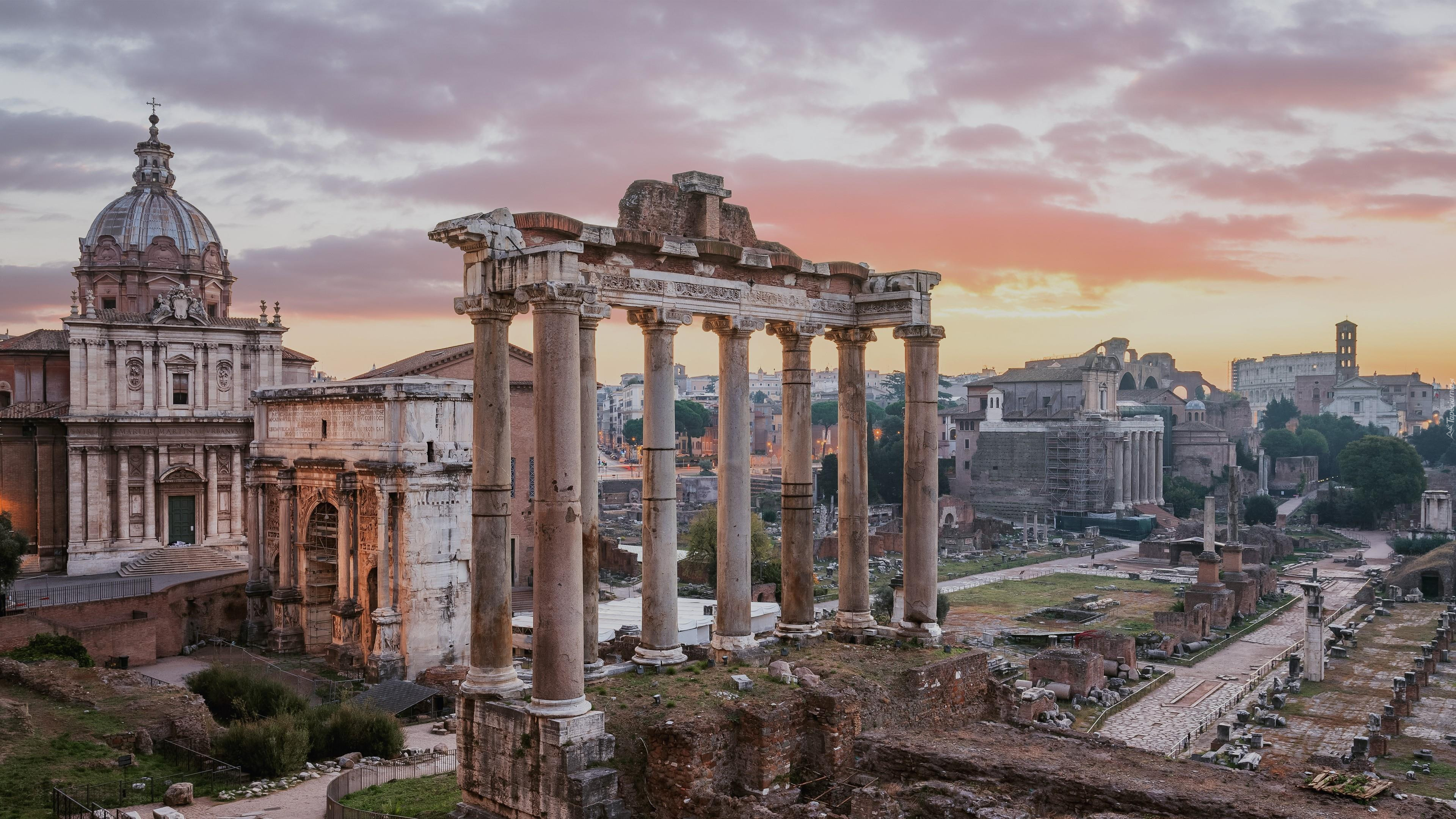 Rzym, Forum Romanum, Zabytek, Świątynia Saturna, Wzgórze Kapitolińskie, Ruiny, Włochy