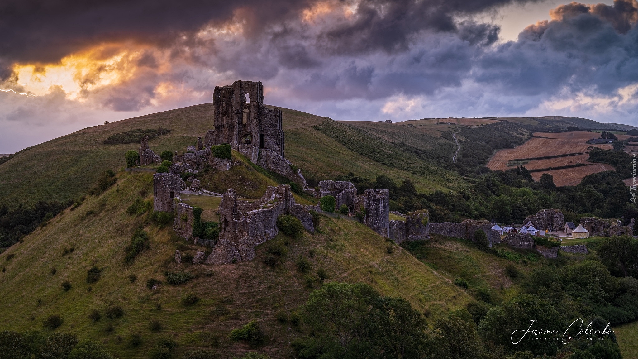 Wschód słońca, Wzgórza, Ruiny, Zamek Corfe, Anglia