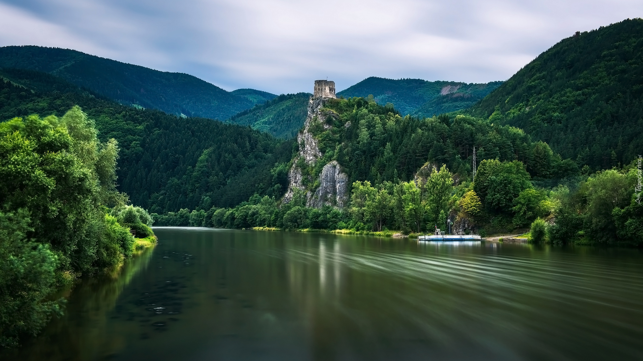 Góry, Drzewa, Ruiny, Zamek Strecno, Rzeka Wag, Strecno, Słowacja