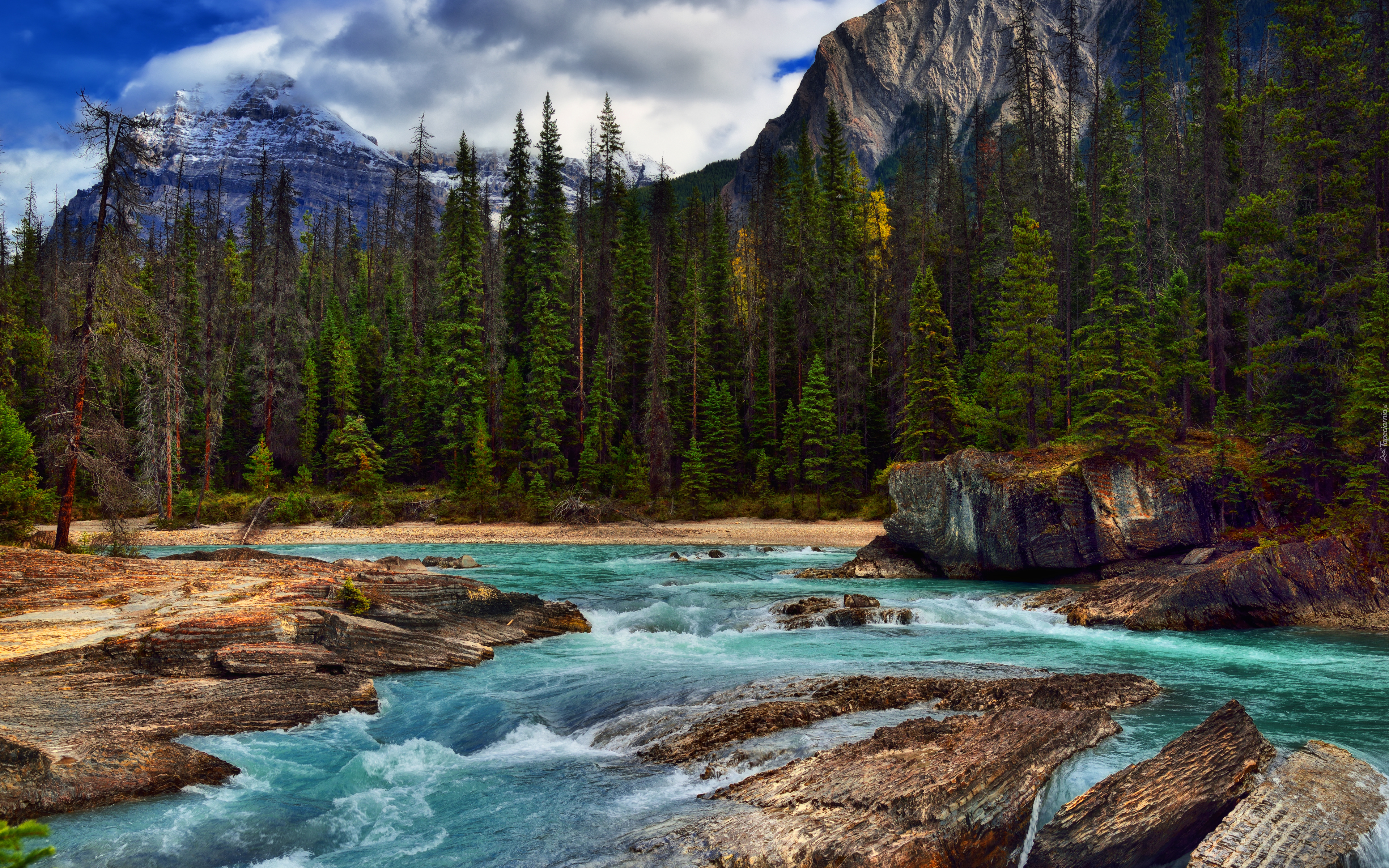 Góry, Drzewa, Rzeka, Kicking Horse River, Skały, Park Narodowy Yoho, Chmury, Kolumbia Brytyjska, Kanada