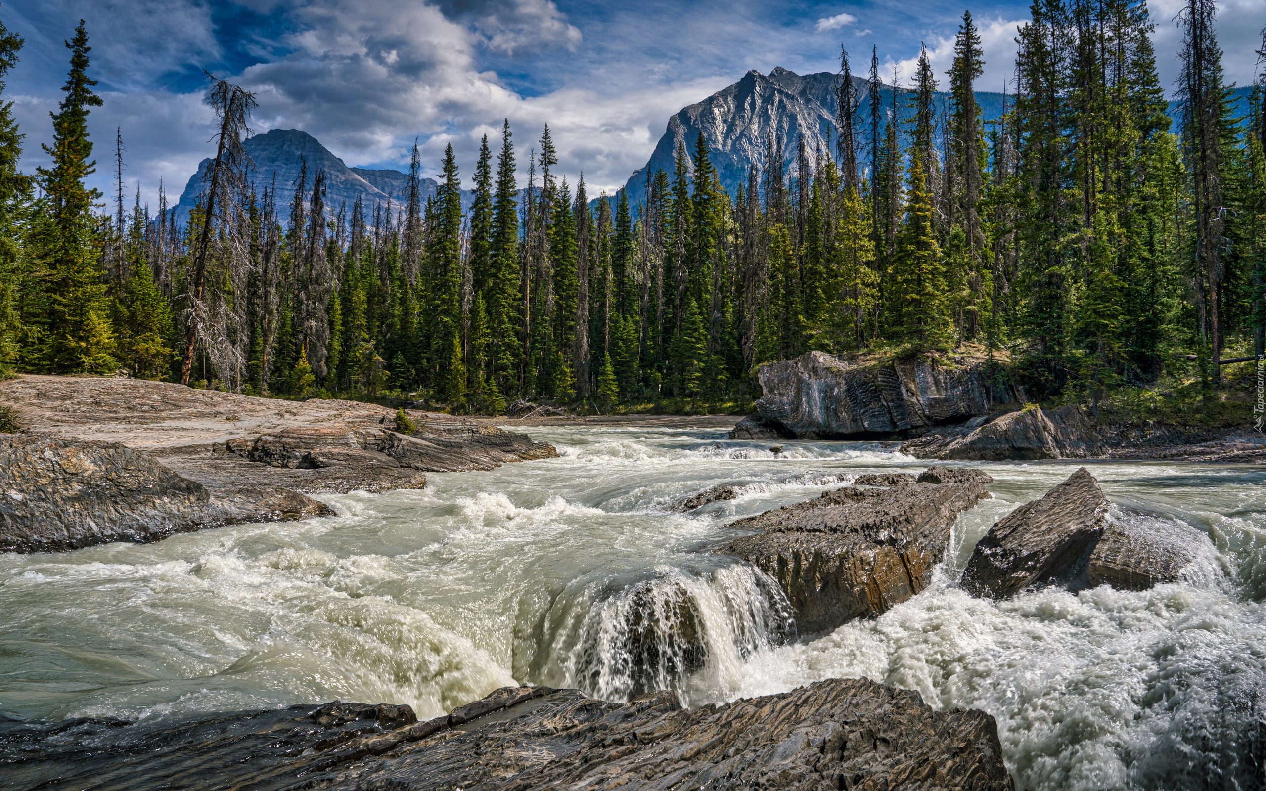 Park Narodowy Yoho, Rzeka, Kicking Horse River, Góry Skaliste, Zielone, Drzewa, Skały, Chmury, Kolumbia Brytyjska, Kanada