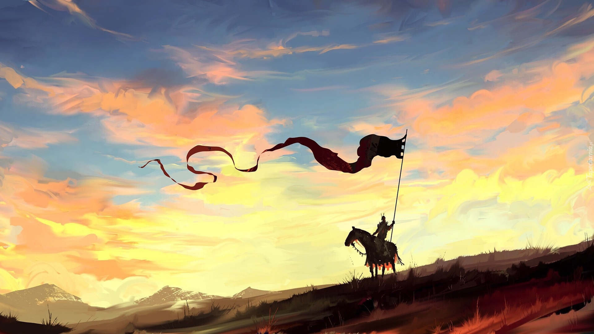 Rycerz, Koń, Chorągiew, Wschód słońca, Paintography