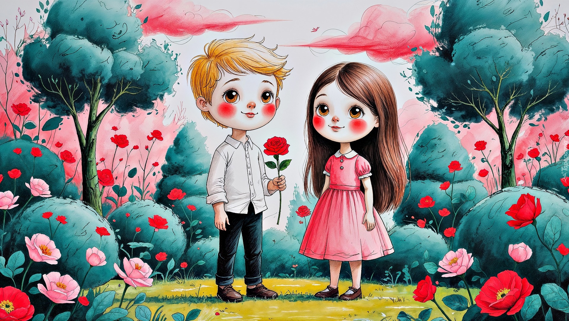 Chłopak, Dziewczyna, Drzewa, Park, Rysunek