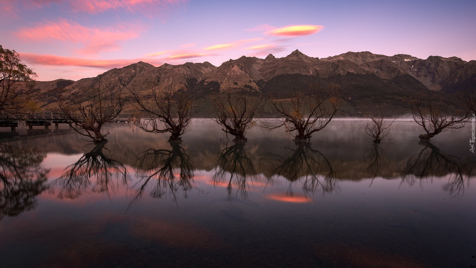 Wschód słońca, Jezioro, Wakatipu, Jesień, Rząd, Drzewa, Wierzby, Odbicie, Glenorchy, Queenstown, Nowa Zelandia