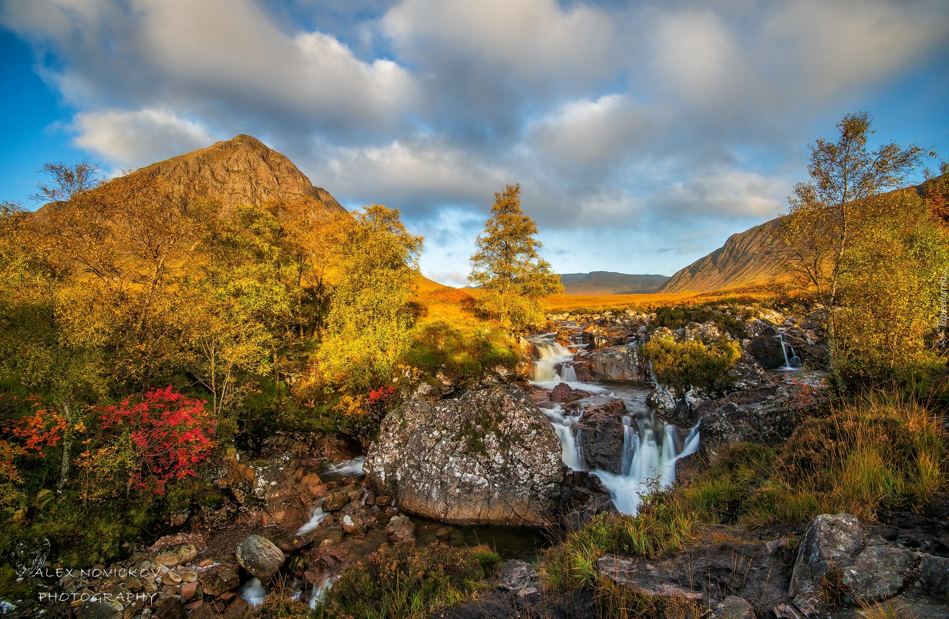 Jesień, Góry, Góra, Buachaille Etive Mor, Skały, Strumień, Rzeczka, Drzewa, Krzewy, Region Highland, Szkocja