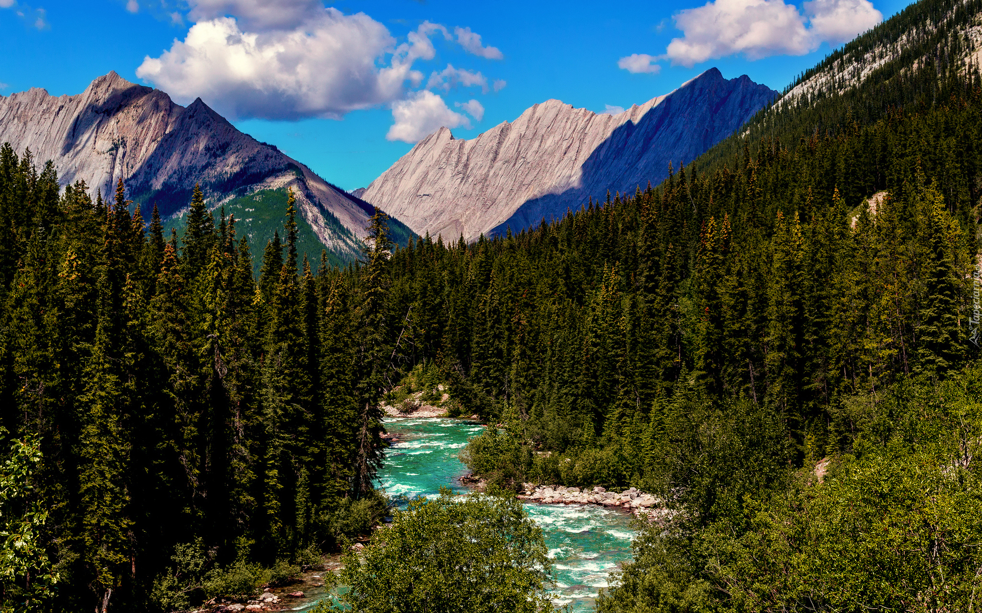 Park Narodowy Jasper, Rzeka, Athabaska, Góry Skaliste, Drzewa, Lasy, Obłoki, Alberta, Kanada