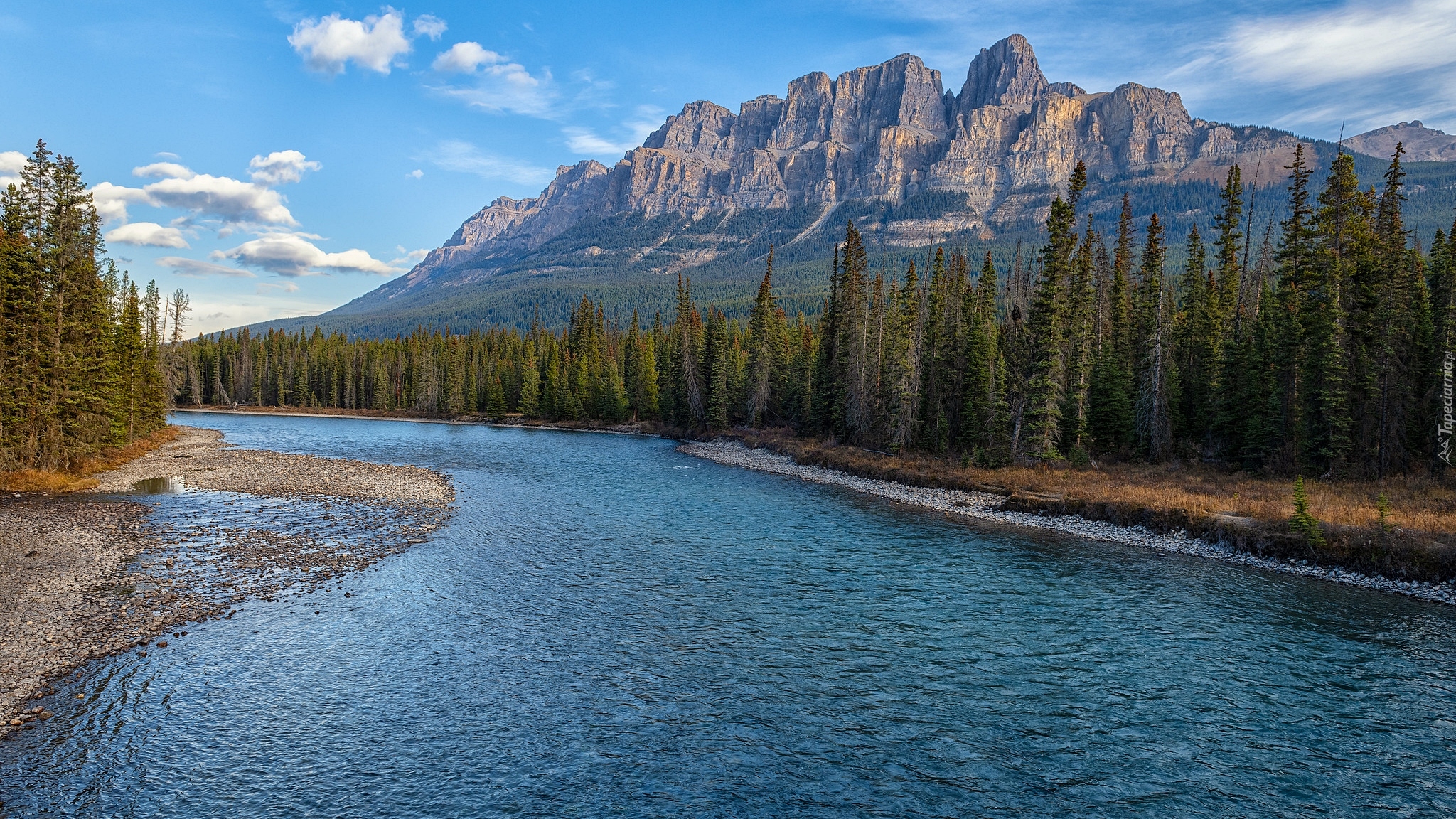 Kanada, Góry, Canadian Rockies, Drzewa, Lasy, Rzeka, Bow River, Park Narodowy Banff, Chmury