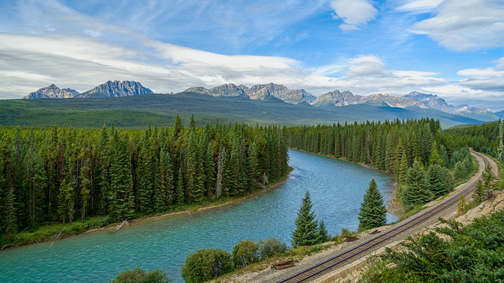 Kanada, Góry, Canadian Rockies, Drzewa, Lasy, Rzeka Bow River, Park Narodowy Banff, Tory, Chmury