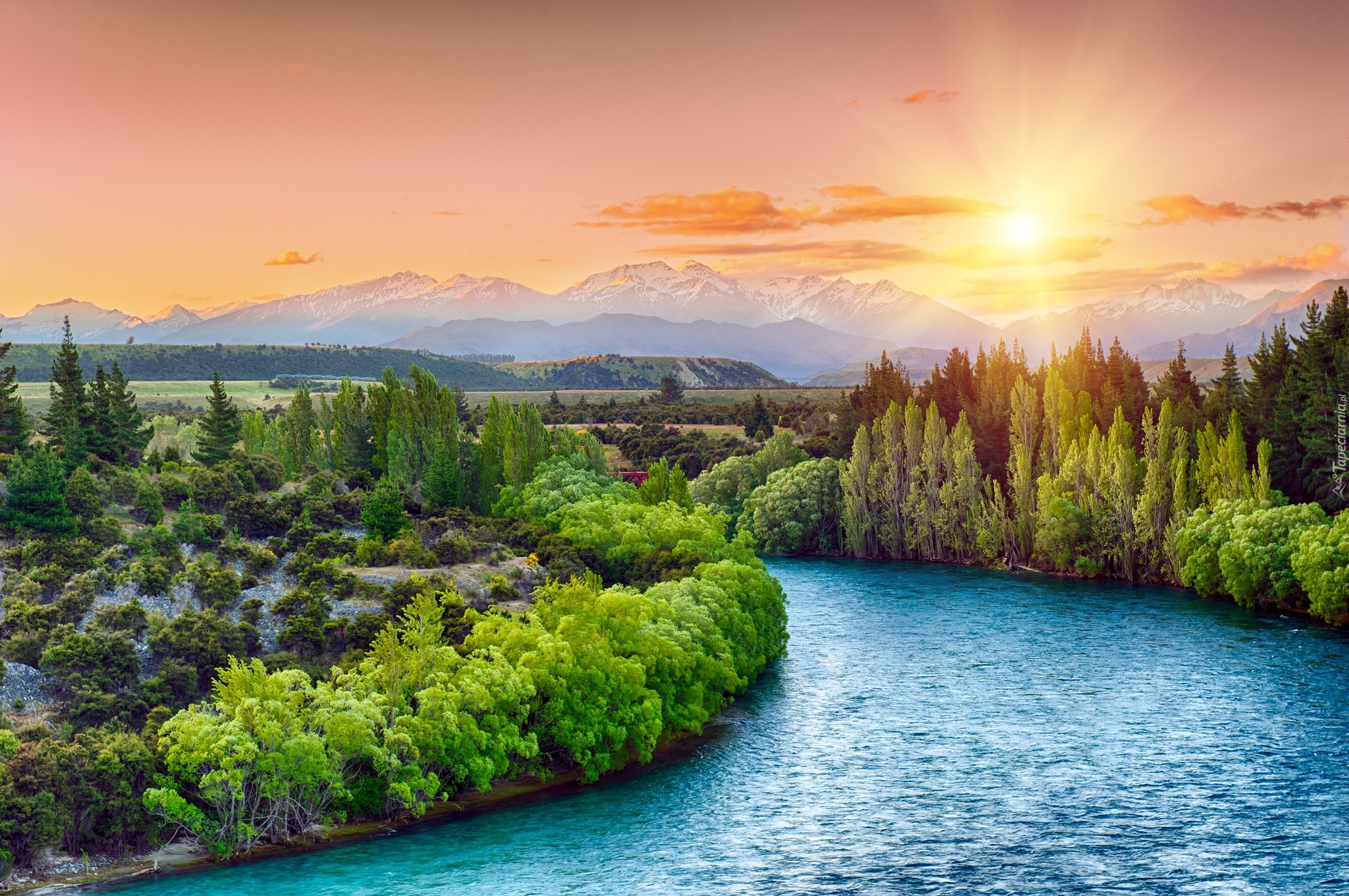 Nowa Zelandia, Rzeka Clutha, Góry, Wschód słońca, Drzewa