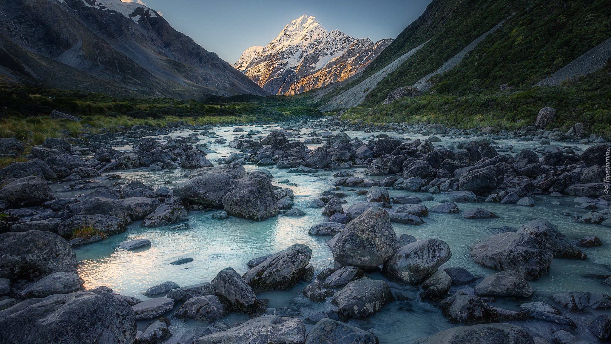 Nowa Zelandia, Rzeka, Hooker River, Park Narodowy Góry Cooka, Góra Cooka, Mount Cook, Góry, Kamienie