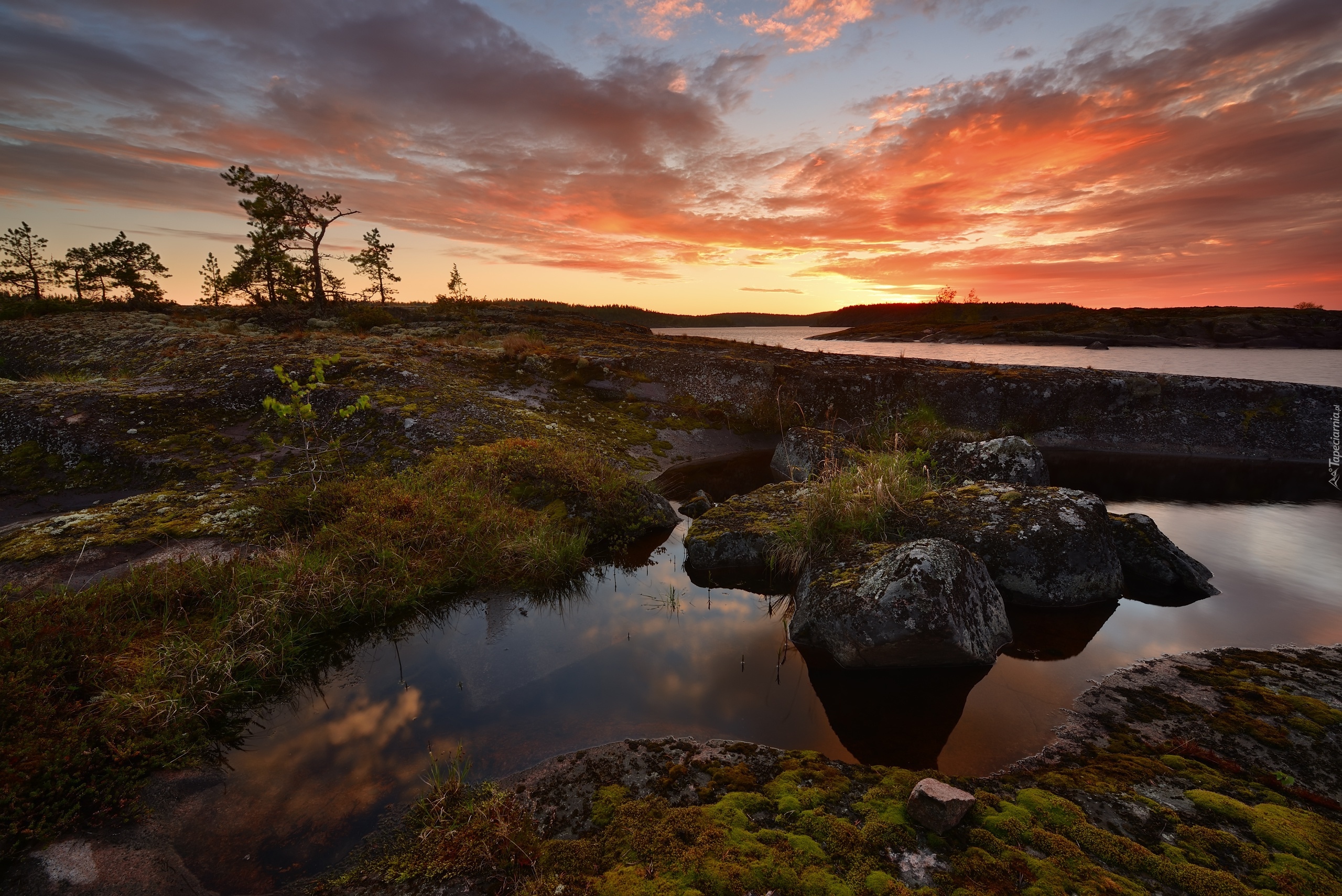 Jezioro Ładoga, Drzewa, Kamienie, Chmury, Zachód słońca, Karelia, Rosja