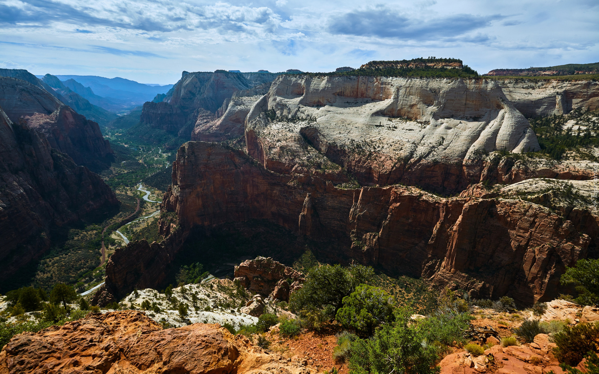 Kanion, Skały, Dolina, Rzeka, Drzewa, Park Narodowy Zion, Utah, Stany Zjednoczone