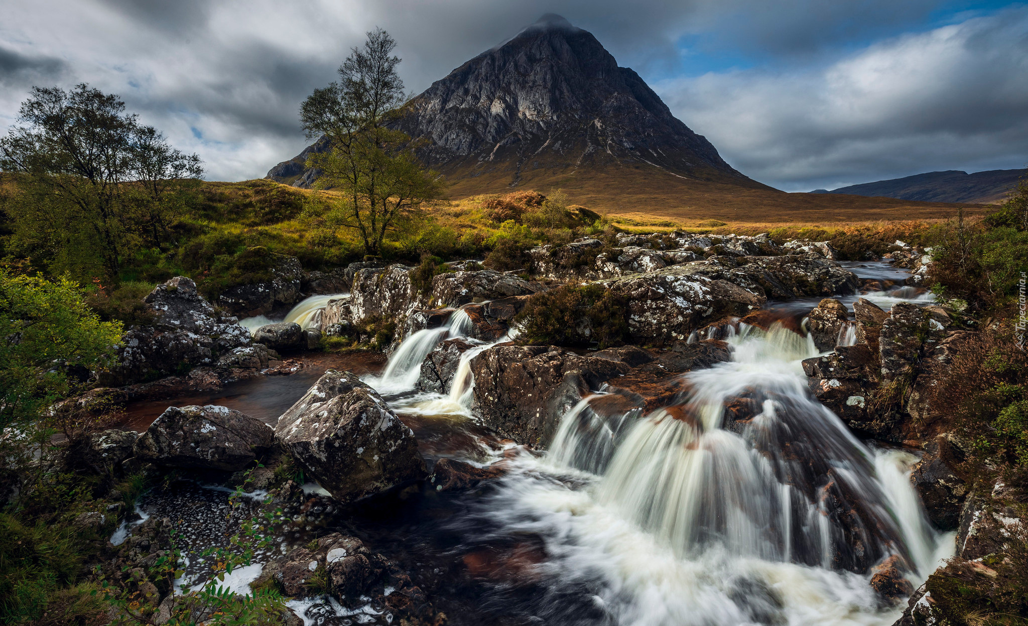 Góra, Buachaille Etive Mor, Rzeka, River Coupall, Kamienie, Drzewa, Highland, Szkocja