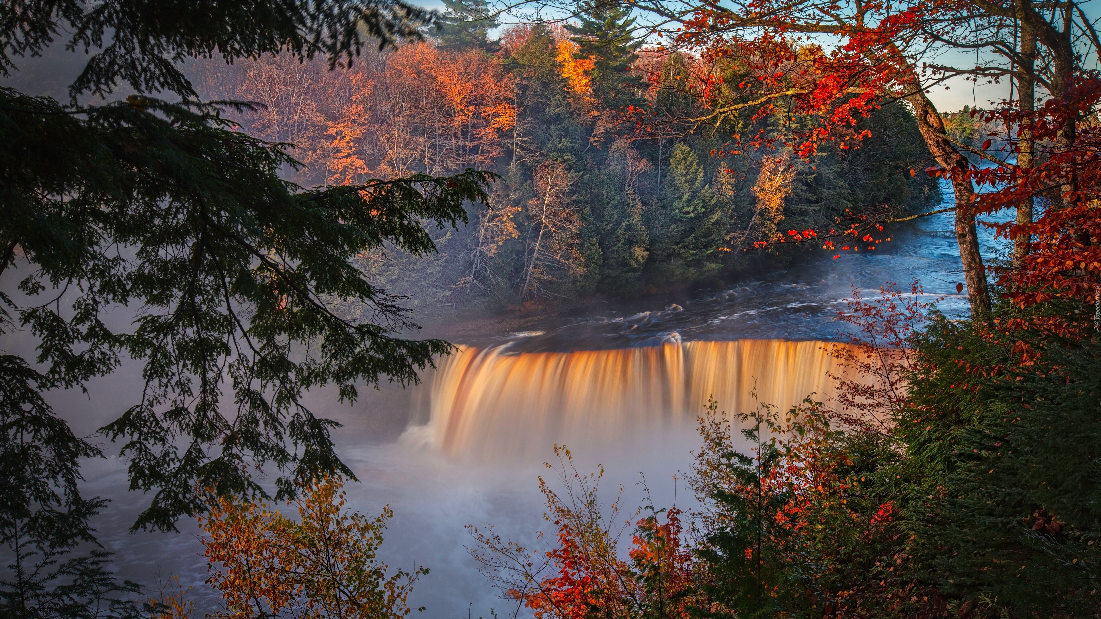 Wodospad, Tahquamenon Falls, Las, Drzewa, Rzeka Tahquamenon, Jesień, Miejscowość Paradise, Stan Michigan, Stany Zjednoczone