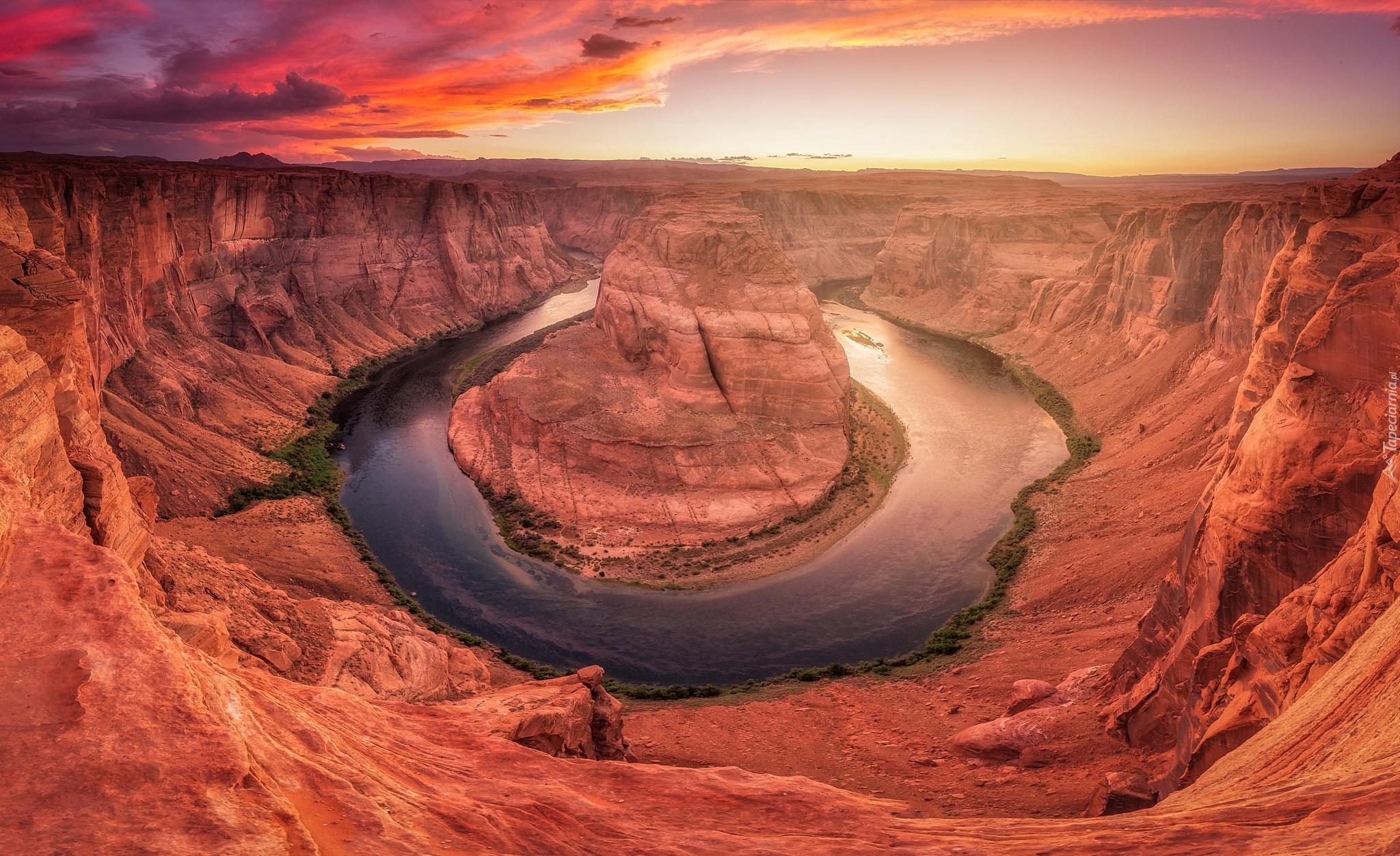 Park Narodowy Glen Canyon, Kanion, Skały, Rzeka, Kolorado River, Zakole, Horseshoe Bend, Zachód słońca, Arizona, Stany Zjednoczone