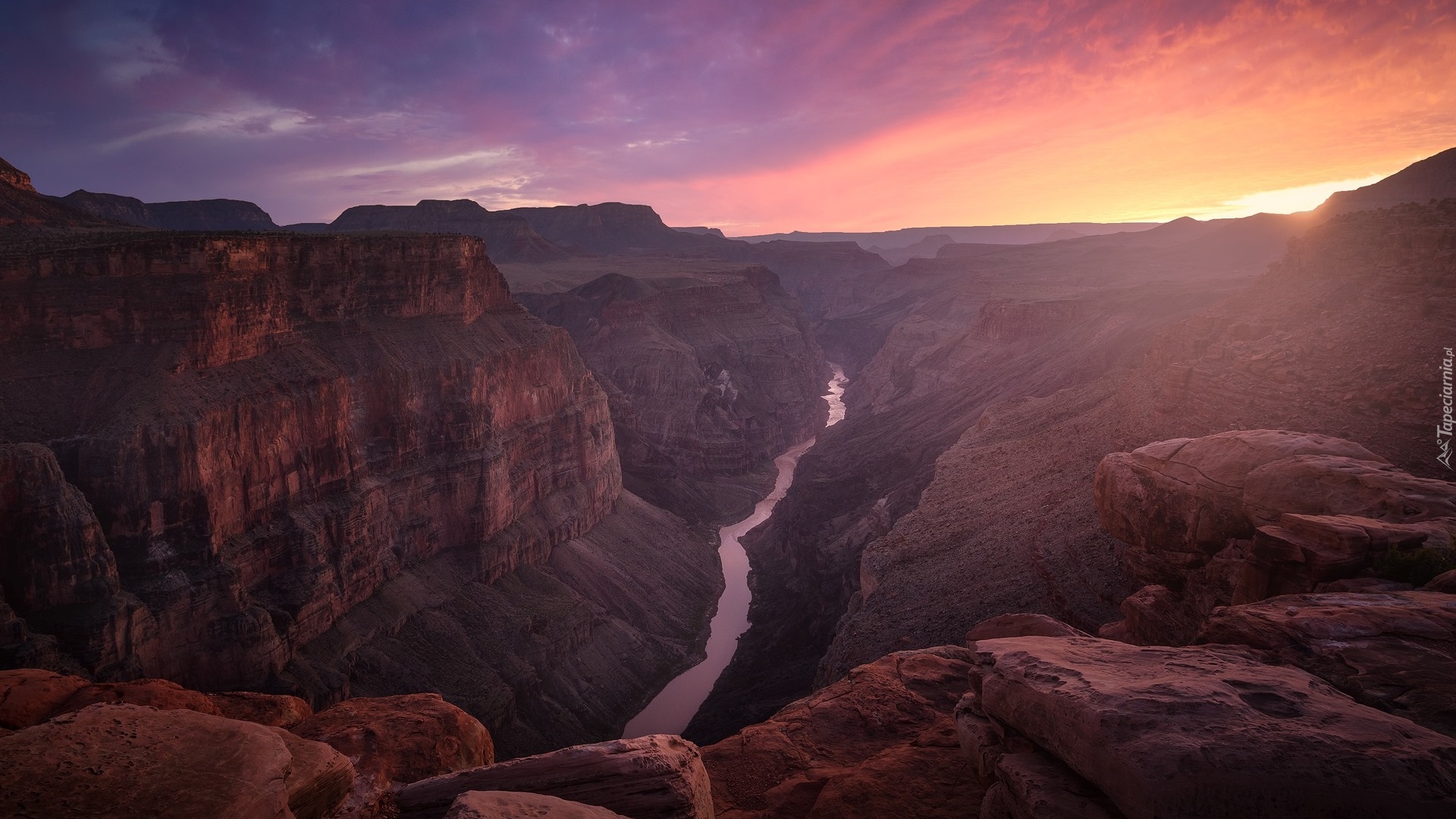 Park Narodowy Wielkiego Kanionu, Wielki Kanion Kolorado, Grand Canyon, Rzeka Kolorado, Zachód słońca, Stany Zjednoczone