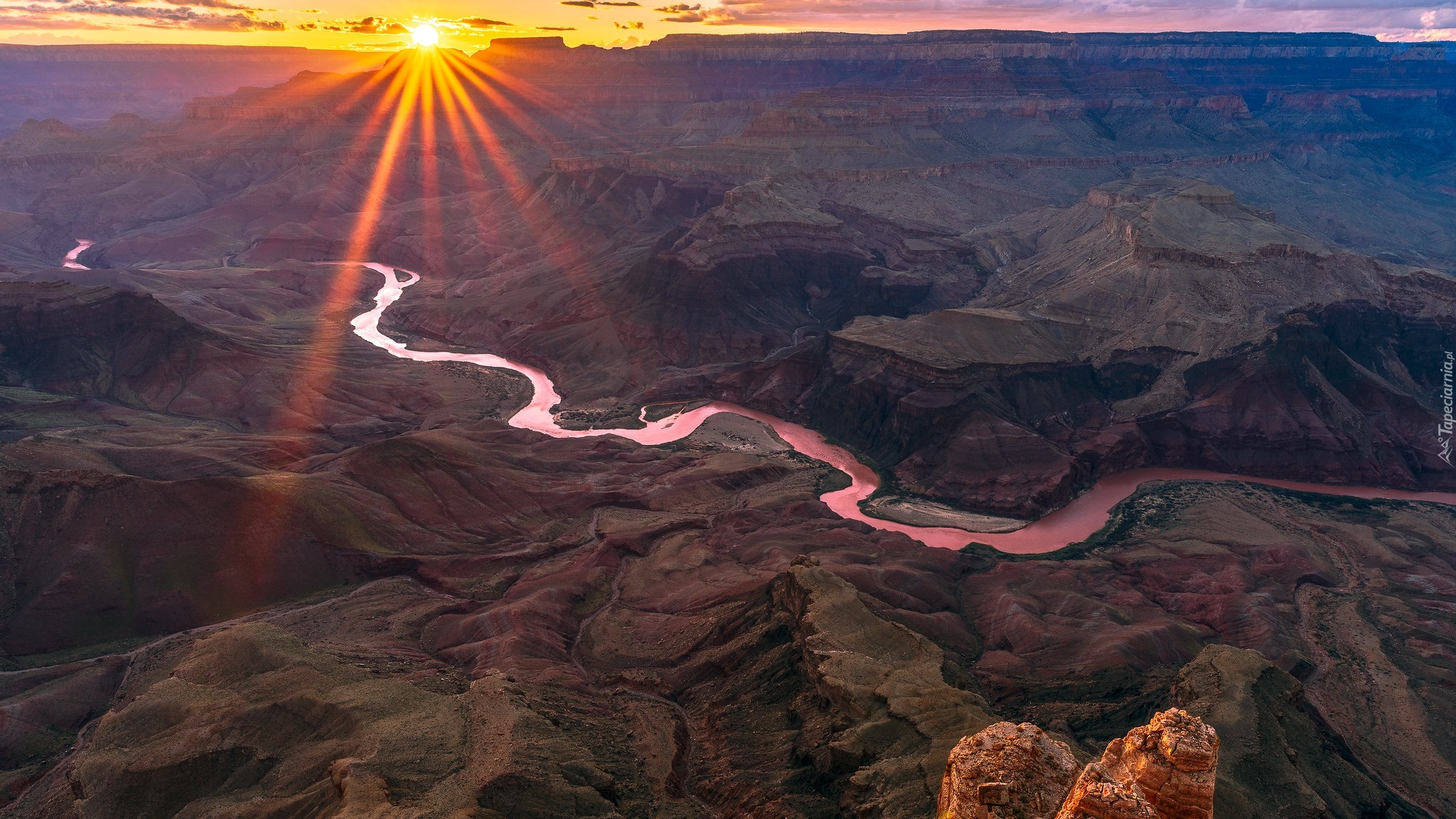 Promienie słońca, Rzeka Kolorado, Skały, Kanion, Park Narodowy Wielkiego Kanionu, Arizona, Stany Zjednoczone
