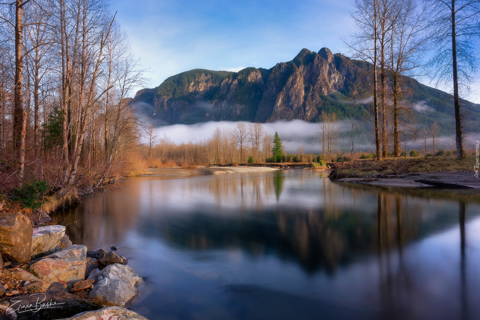 Rzeka, Lazy River, Góra, Mount Si, Jesień, Bezlistne, Drzewa, Stan Waszyngton, Stany Zjednoczone