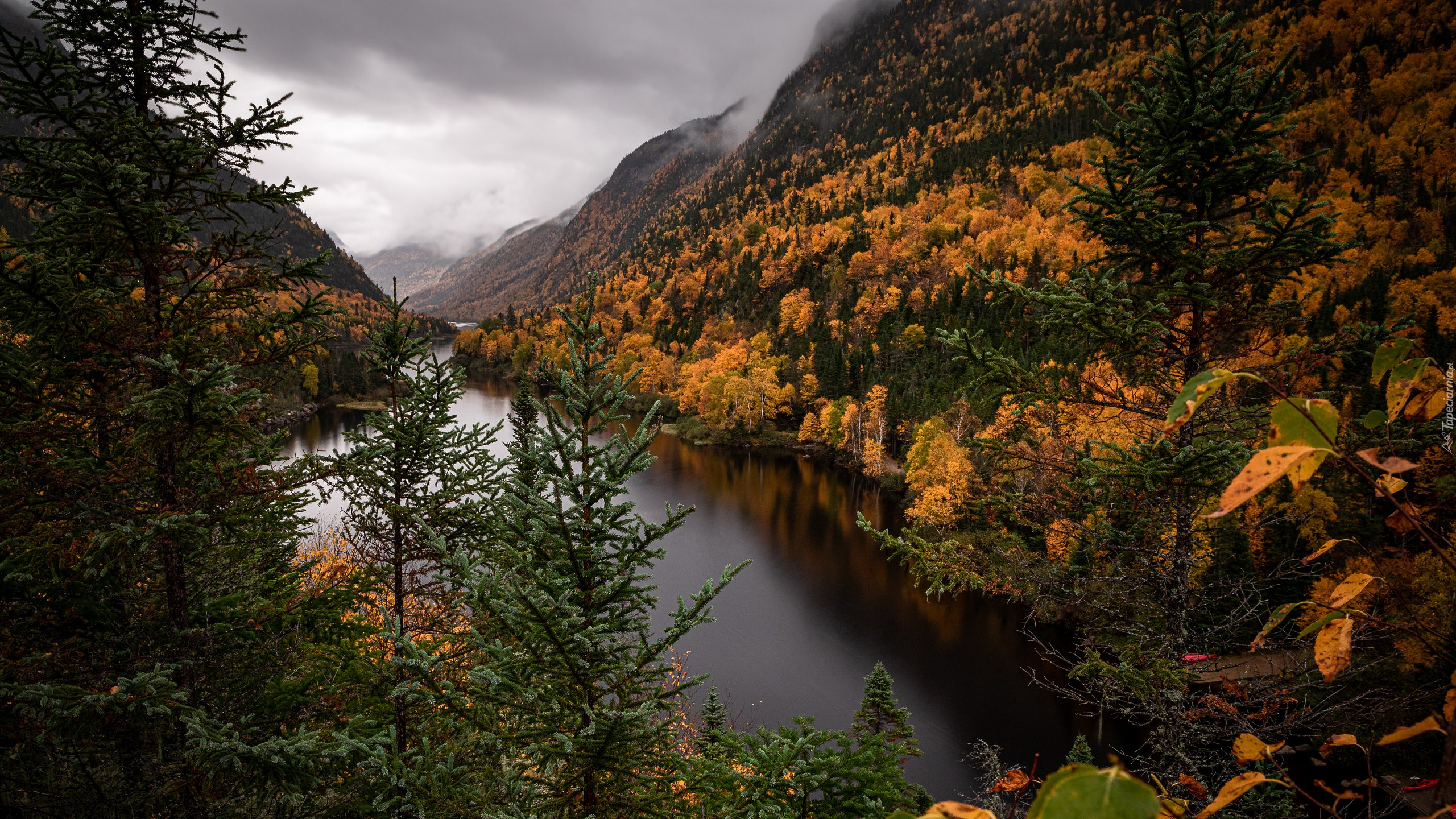 Góry, Jesień, Rzeka, Malbaie River, Prowincja Quebec, Kanada