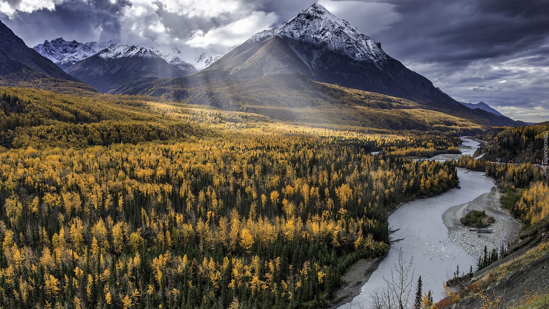 Jesień, Góry, Rzeka, Matanuska River, Żółte, Drzewa, Modrzew, Alaska, Stany Zjednoczone