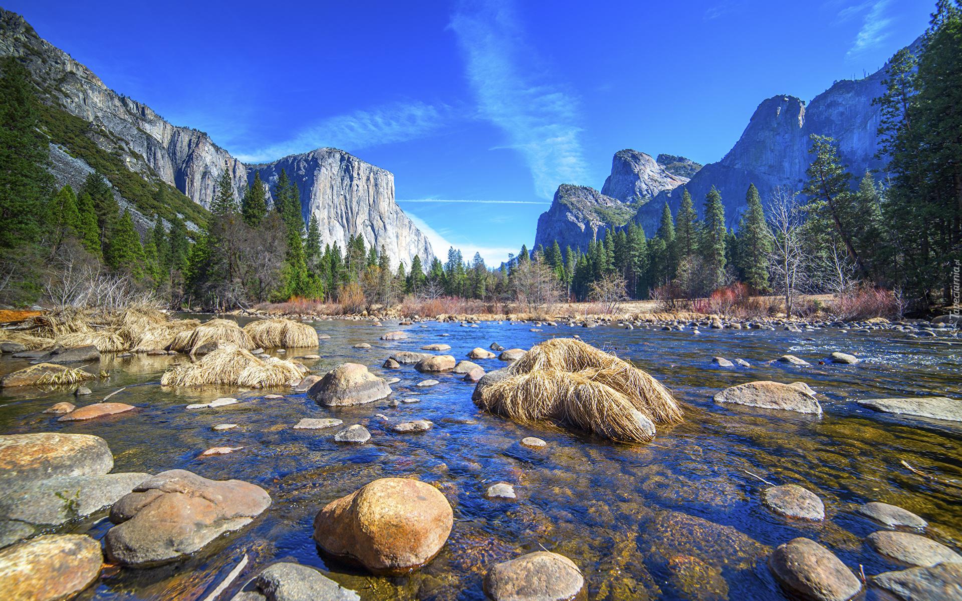 Stany Zjednoczone, Park Narodowy Yosemite, Stan Kalifornia, Rzeka, Merced River, Kamienie, Góry, Lasy, Drzewa