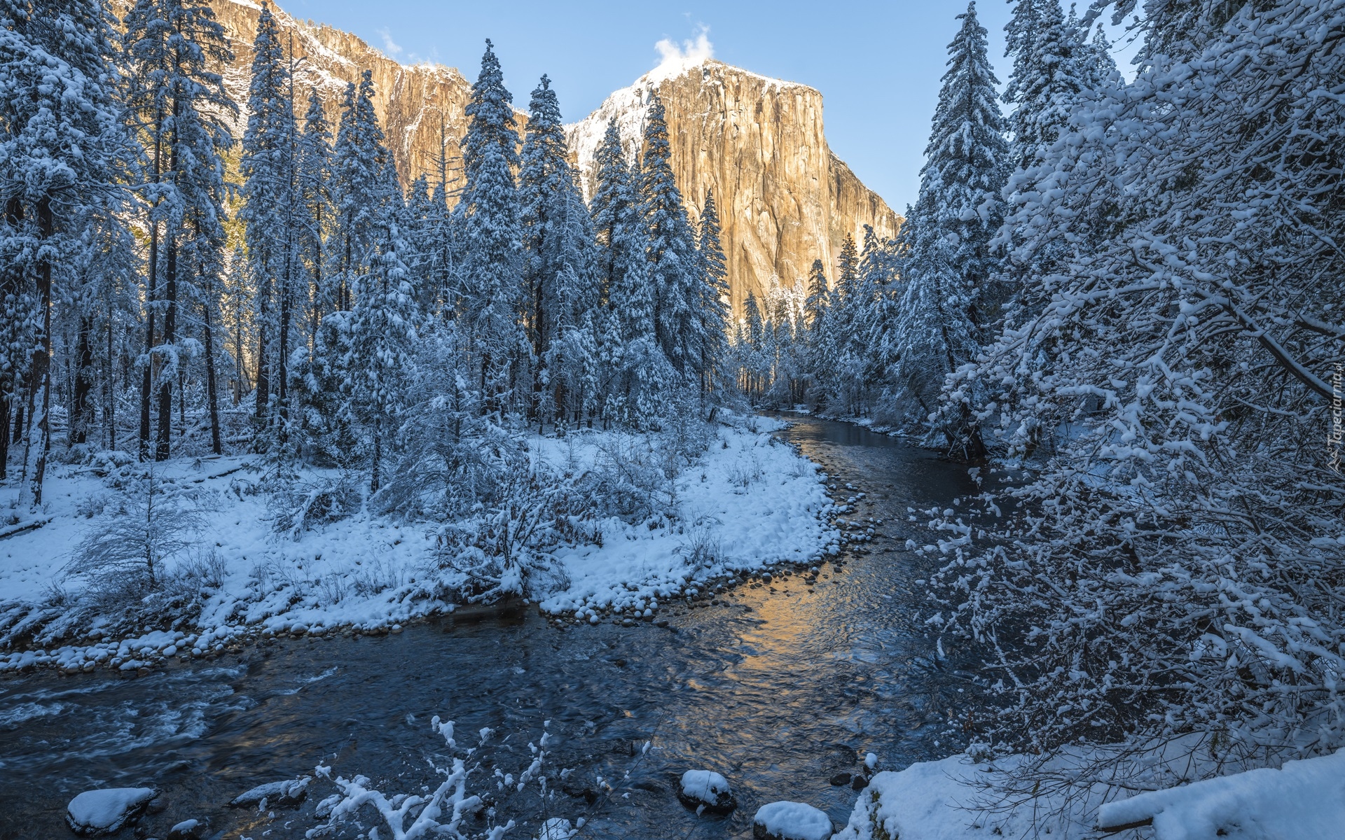 Park Narodowy Yosemite, Rzeka, Merced River, Góry, Góra, Half Dome, Drzewa, Zima, Kalifornia, Stany Zjednoczone