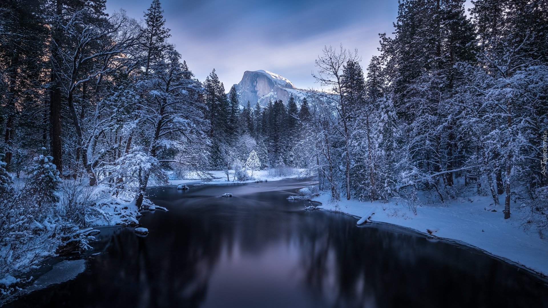 Park Narodowy Yosemite, Zima, Rzeka Merced River, Góry, Las, Drzewa, Stan Kalifornia, Stany Zjednoczone