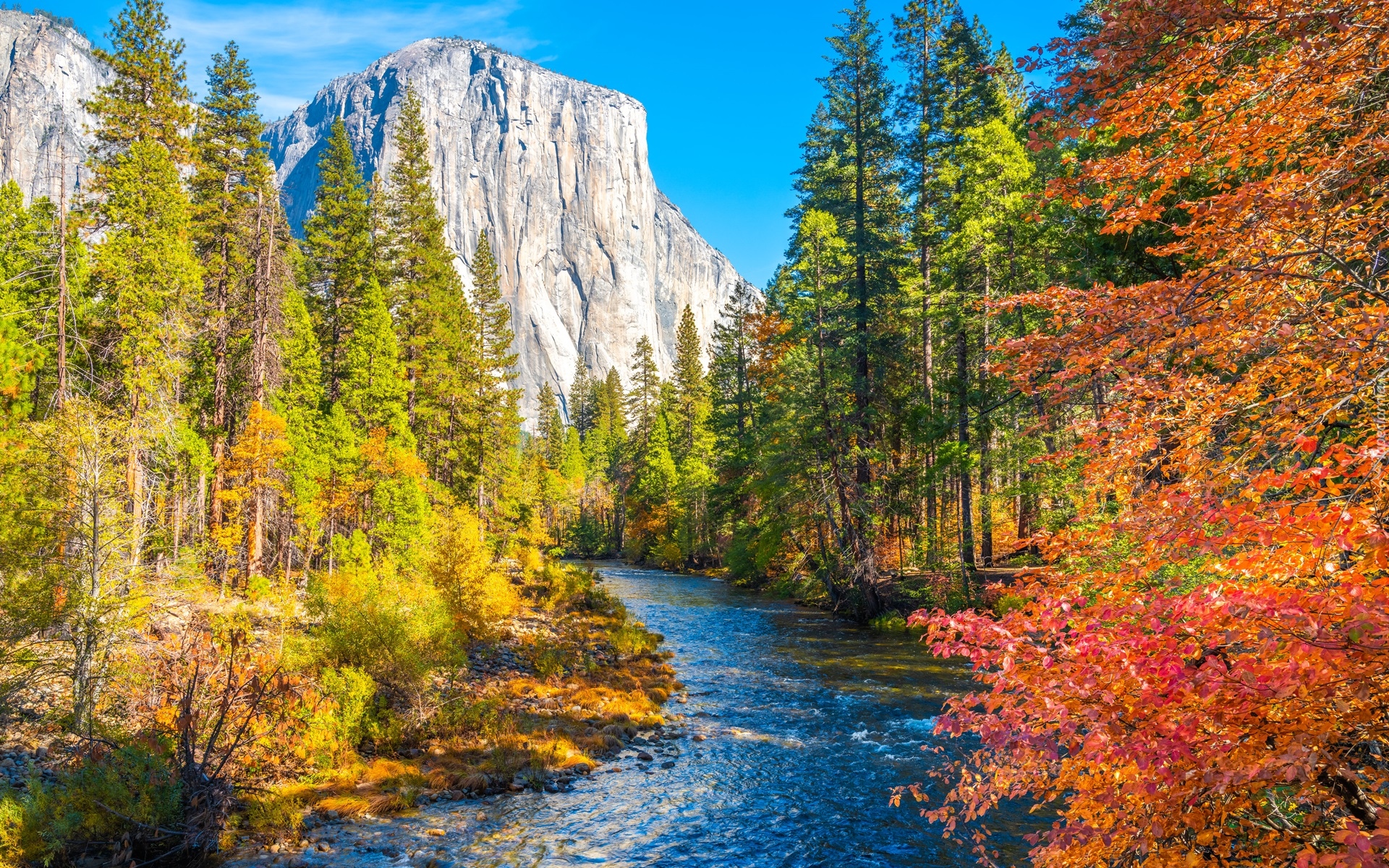 Stany Zjednoczone, Kalifornia, Park Narodowy Yosemite, Jesień, Rzeka Merced, Drzewa, Góry