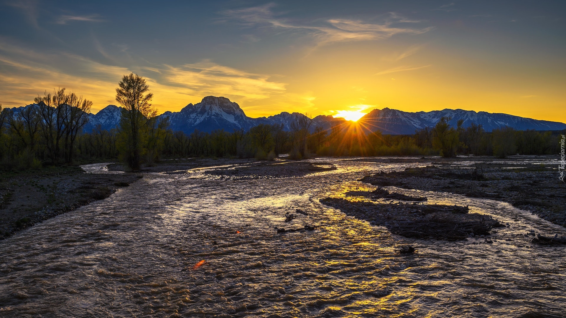 Stany Zjednoczone, Wyoming, Góry, Teton Range, Rzeka, Drzewa, Park Narodowy Grand Teton, Zachód słońca