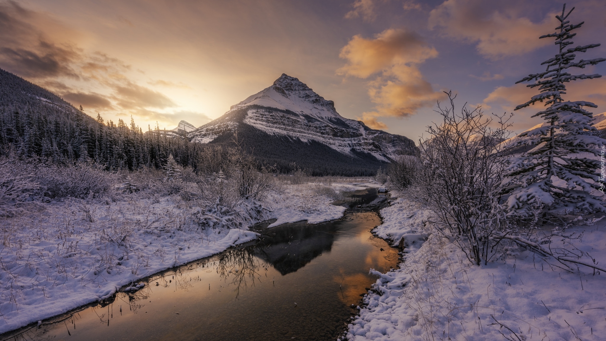 Zima, Góry Skaliste, Góra Tangle Ridge, Rzeka, Drzewa, Chmury, Alberta, Kanada