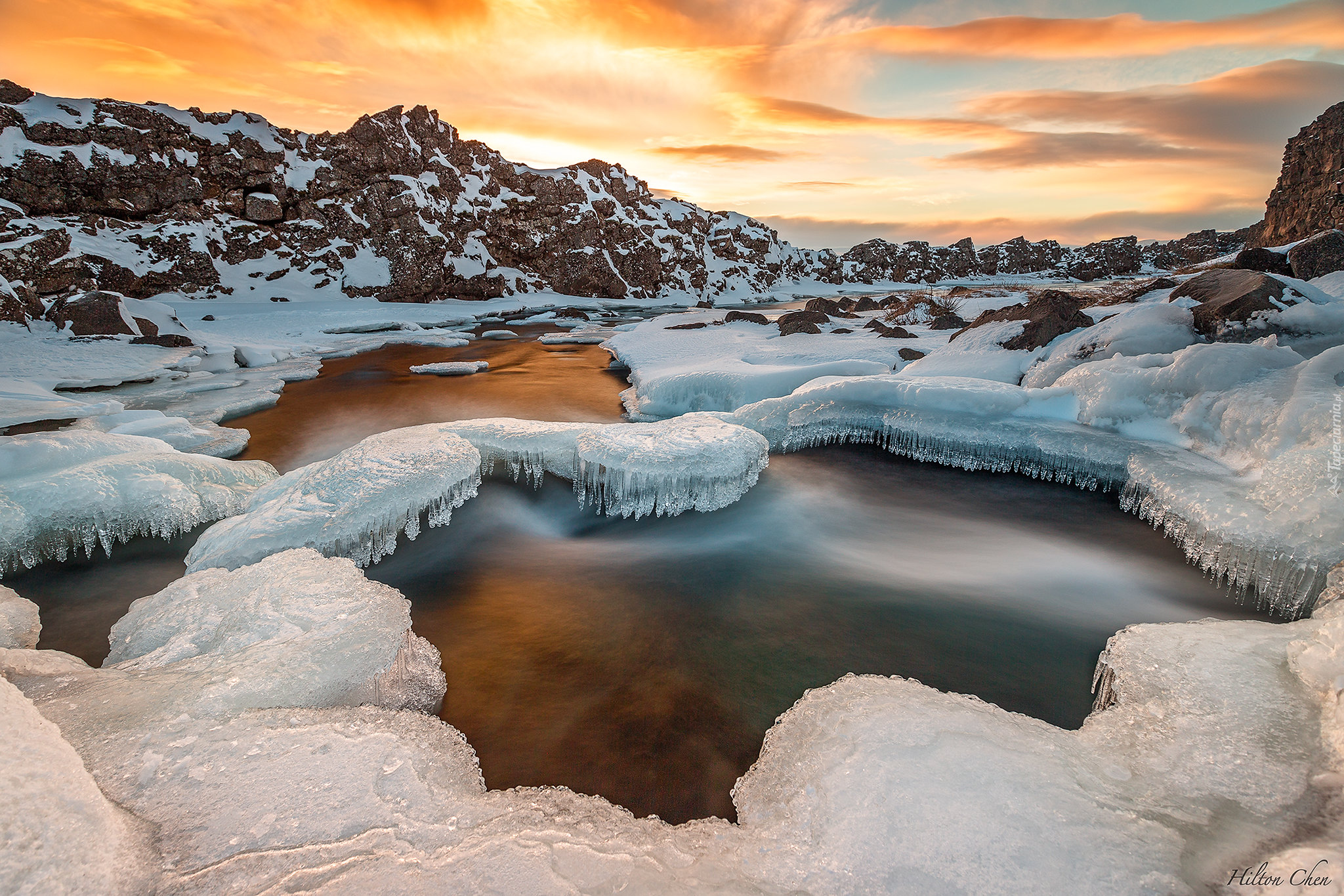 Wschód słońca, Zima, Śnieg, Góry, Park Narodowy Pingvellir, Rzeka Oxara, Islandia