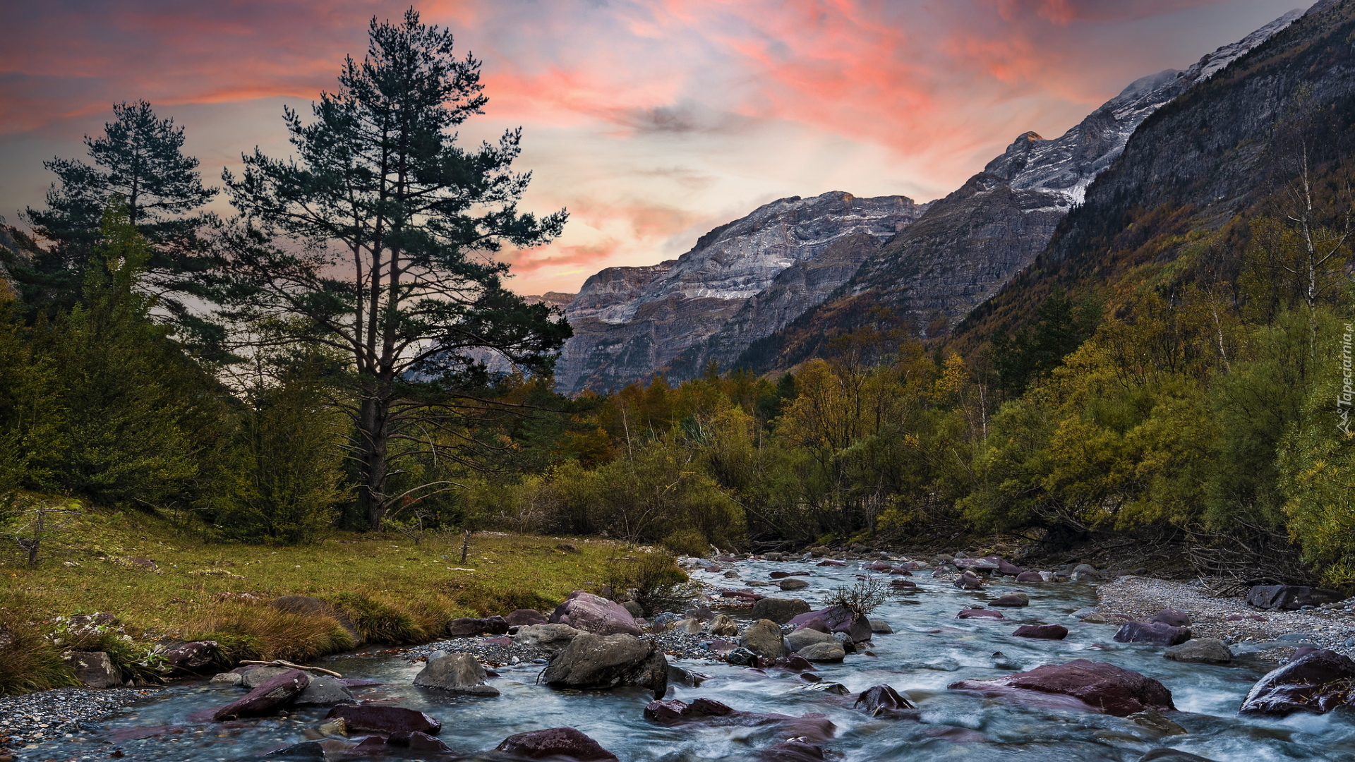 Rzeka Piedra, Kamienie, Park Narodowy Ordesa y Monte Perdido, Drzewa, Góry, Pireneje Aragońskie, Hiszpania