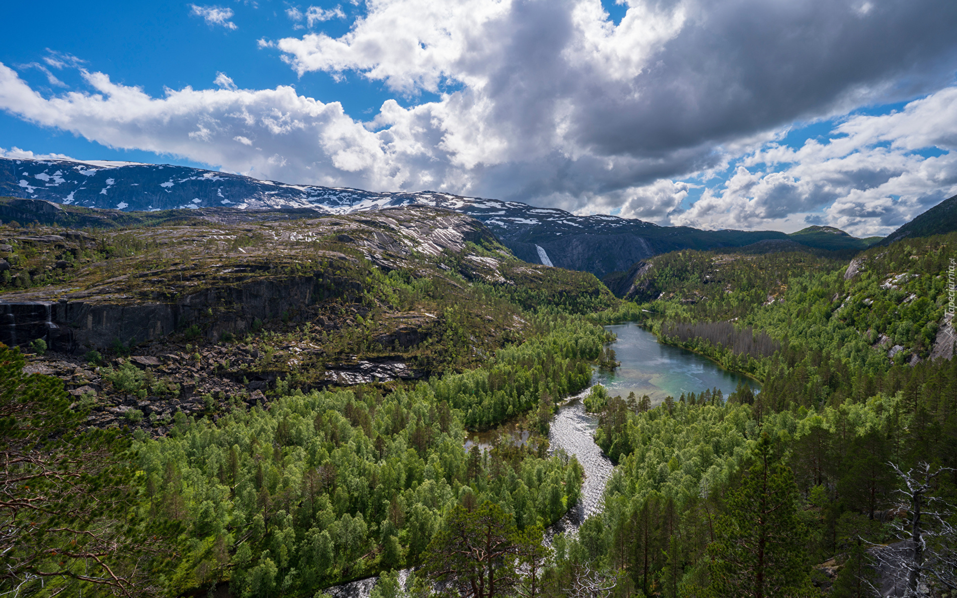 Norwegia, Park Narodowy Rago, Góry, Lasy, Rzeka, Chmury