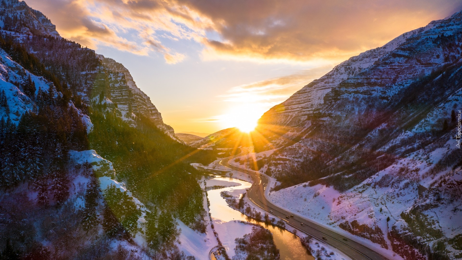 Góry, Góra Mount Timpanogos, Kanion, Rzeka Provo, Droga, Stan Utah, Stany Zjednoczone