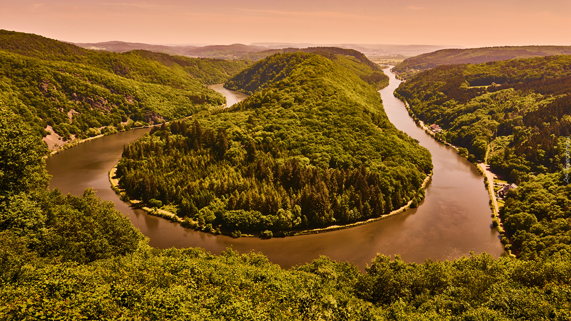 Rzeka Saara, Meander, Zakole, Meandro del Sarre, Mettlach, Niemcy,  Wzgórza