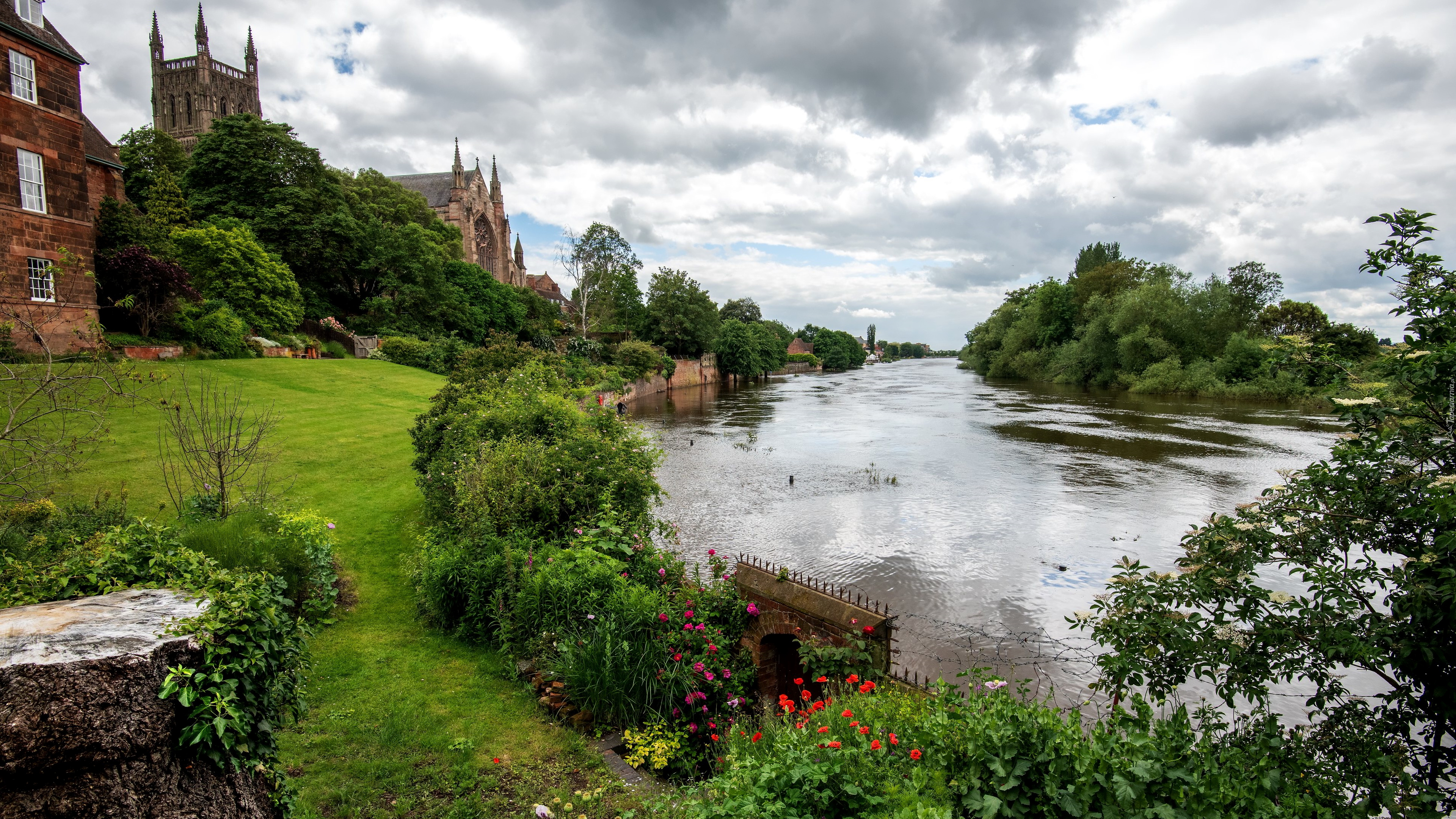 Dom, Ogródek, Wieża, Uniwersytetu, Rzeka Severn, Worcester, Anglia