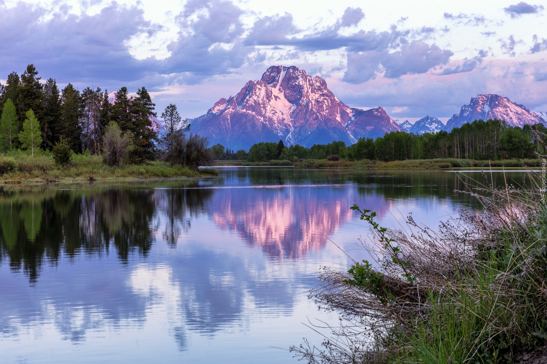 Park Narodowy Grand Teton, Góry Teton Range, Rzeka, Snake River, Drzewa, Chmury, Stan Wyoming, Stany Zjednoczone