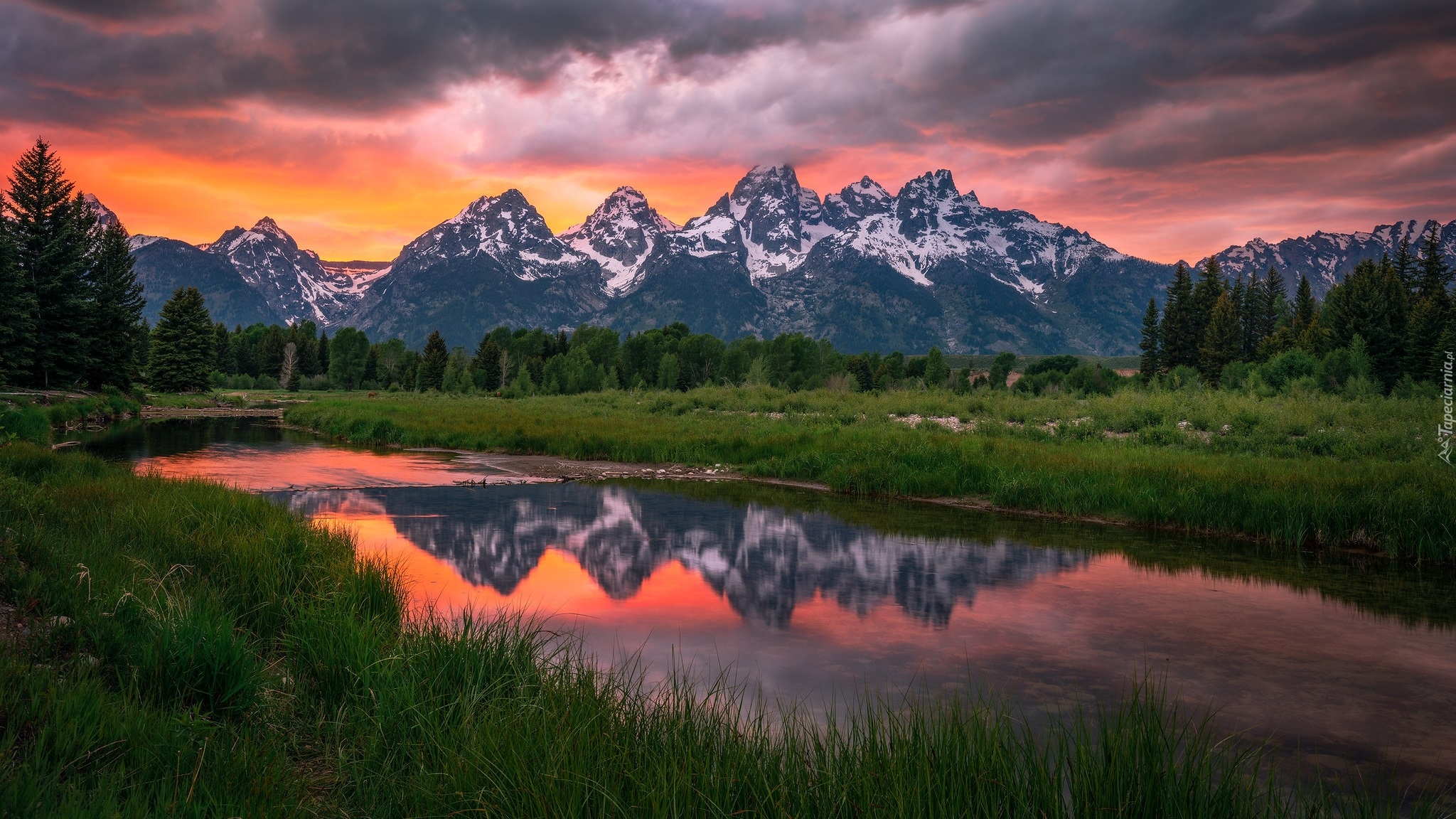 Park Narodowy Grand Teton, Góry Teton Range, Rzeka, Snake River, Drzewa, Zachód słońca, Stan Wyoming, Stany Zjednoczone